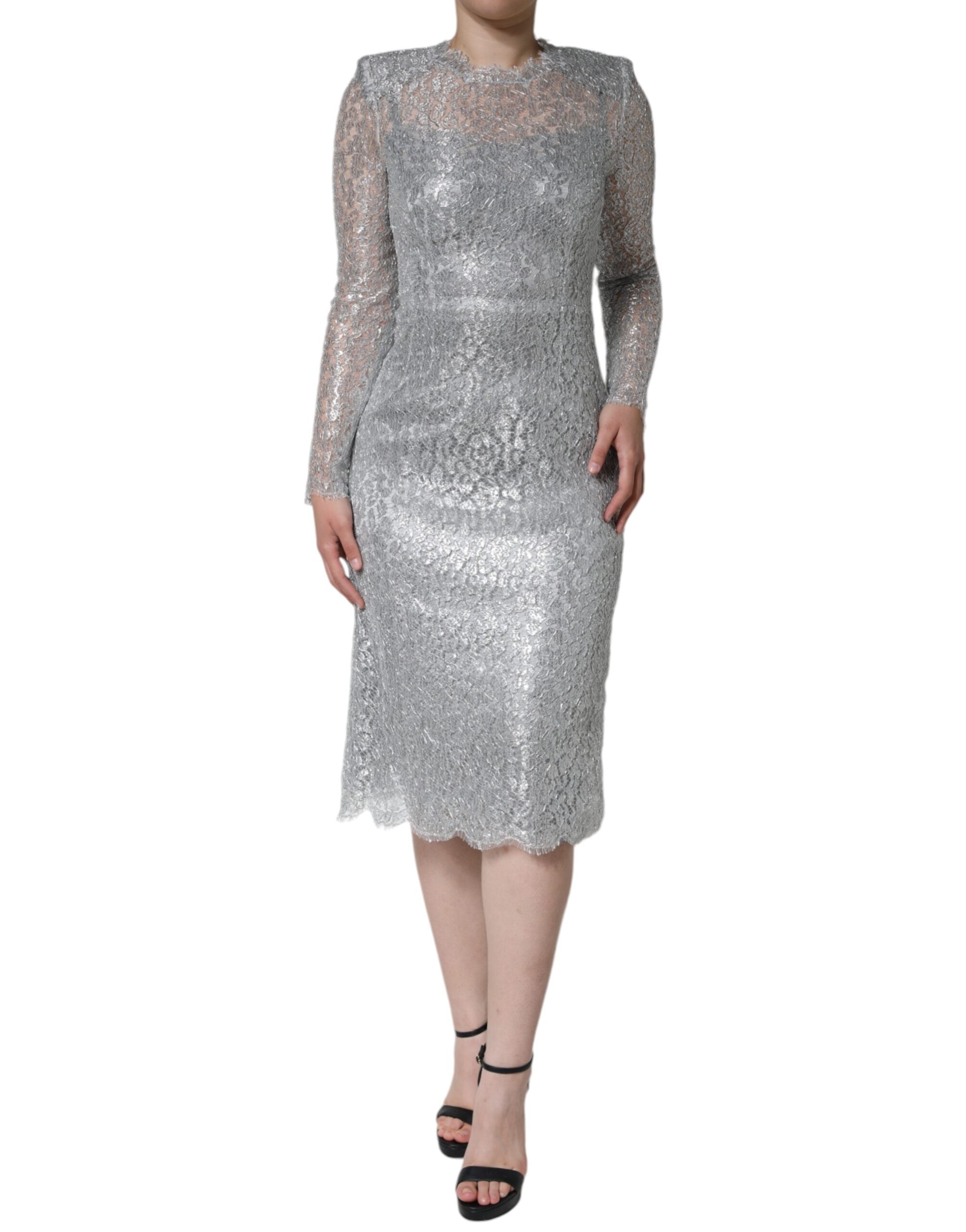 Silver Floral Lace Bodycon Sheath Midi Dress - ventzia