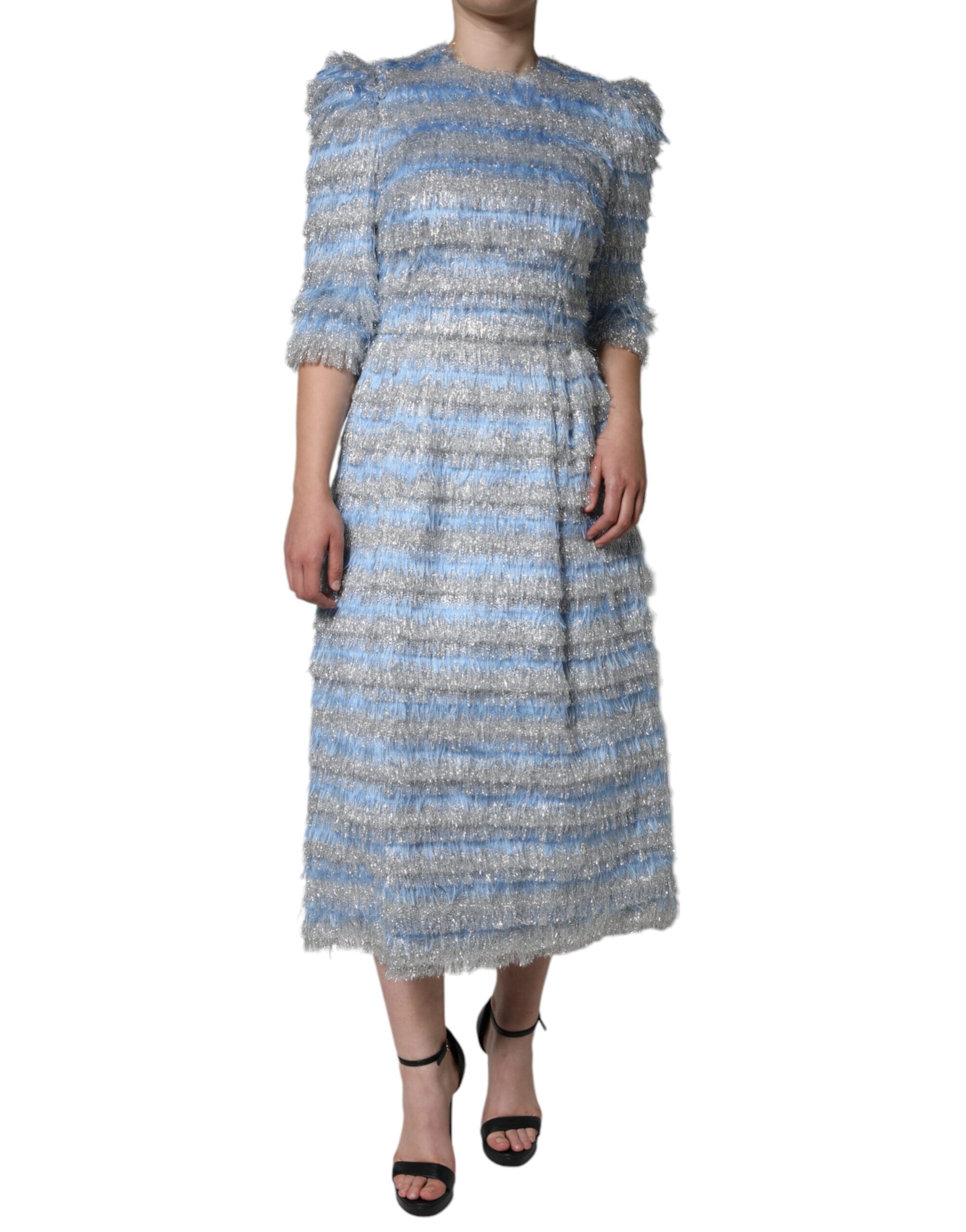Light Blue Silver Jacquard A-line Midi Dress - ventzia