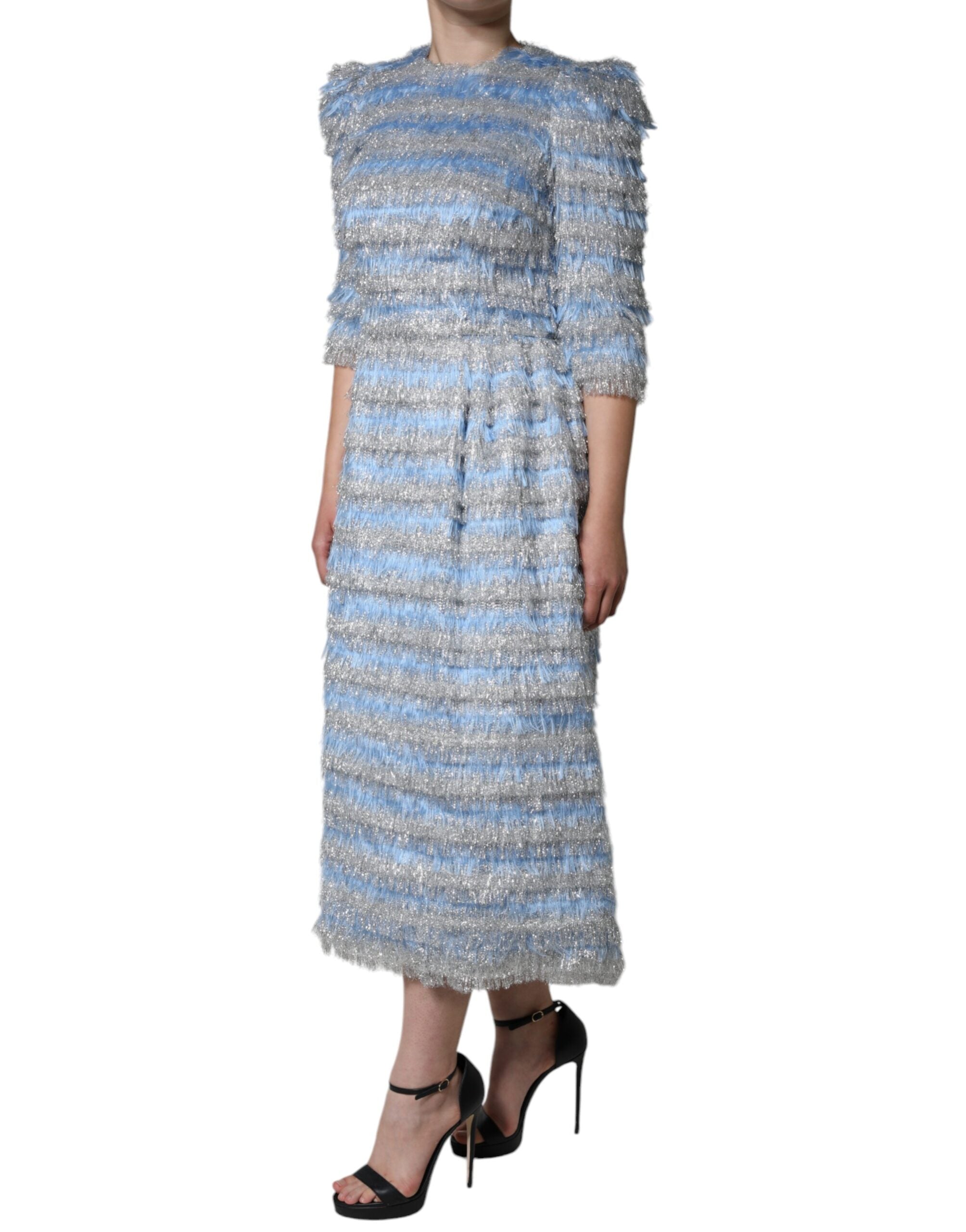Light Blue Silver Jacquard A-line Midi Dress - ventzia