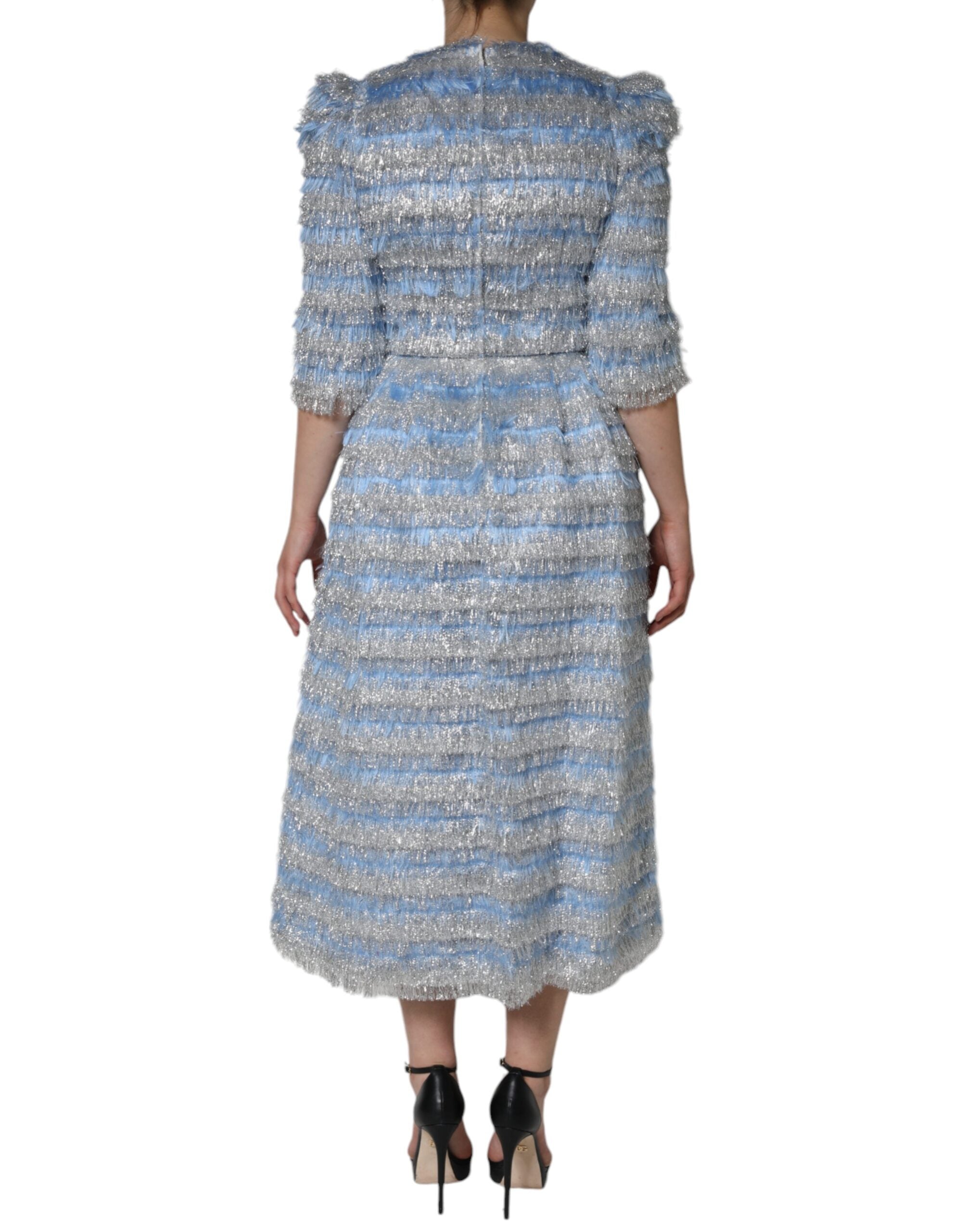 Light Blue Silver Jacquard A-line Midi Dress - ventzia