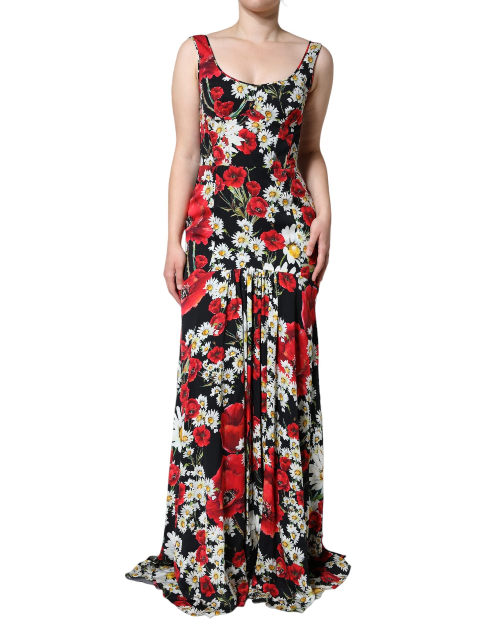 Black Floral Silk Sleeveless Long Gown Dress - ventzia