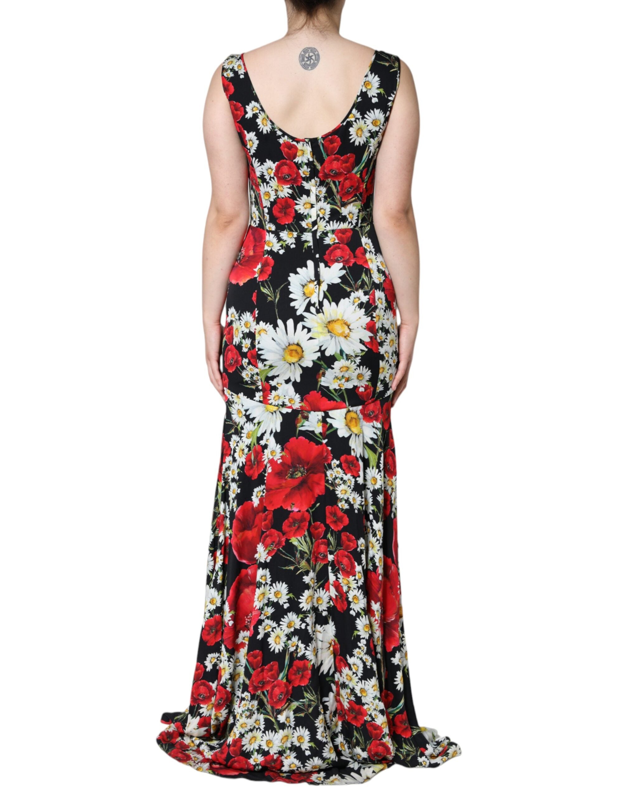Black Floral Silk Sleeveless Long Gown Dress - ventzia