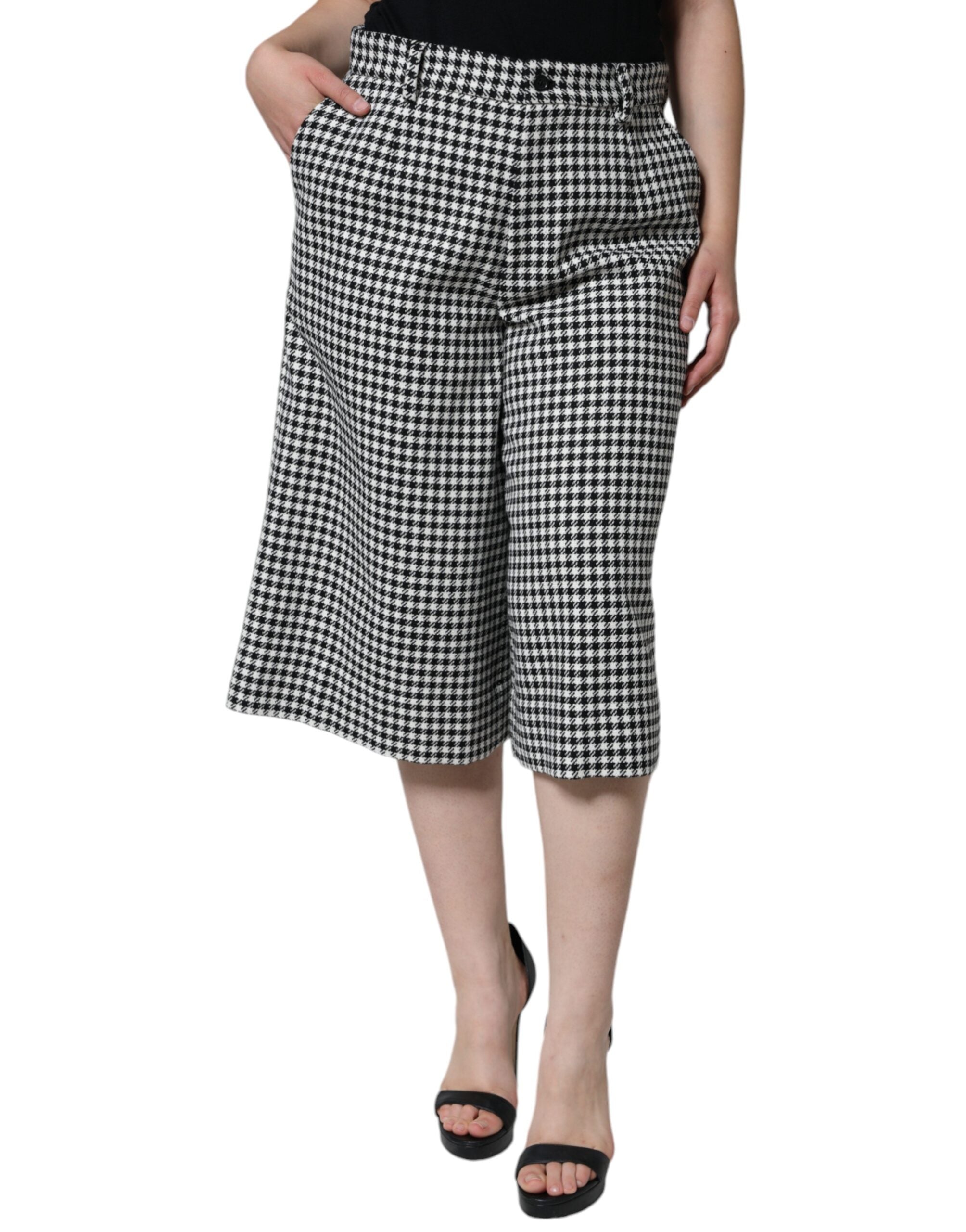 Black White Houndstooth Cropped Wide Leg Pants - ventzia