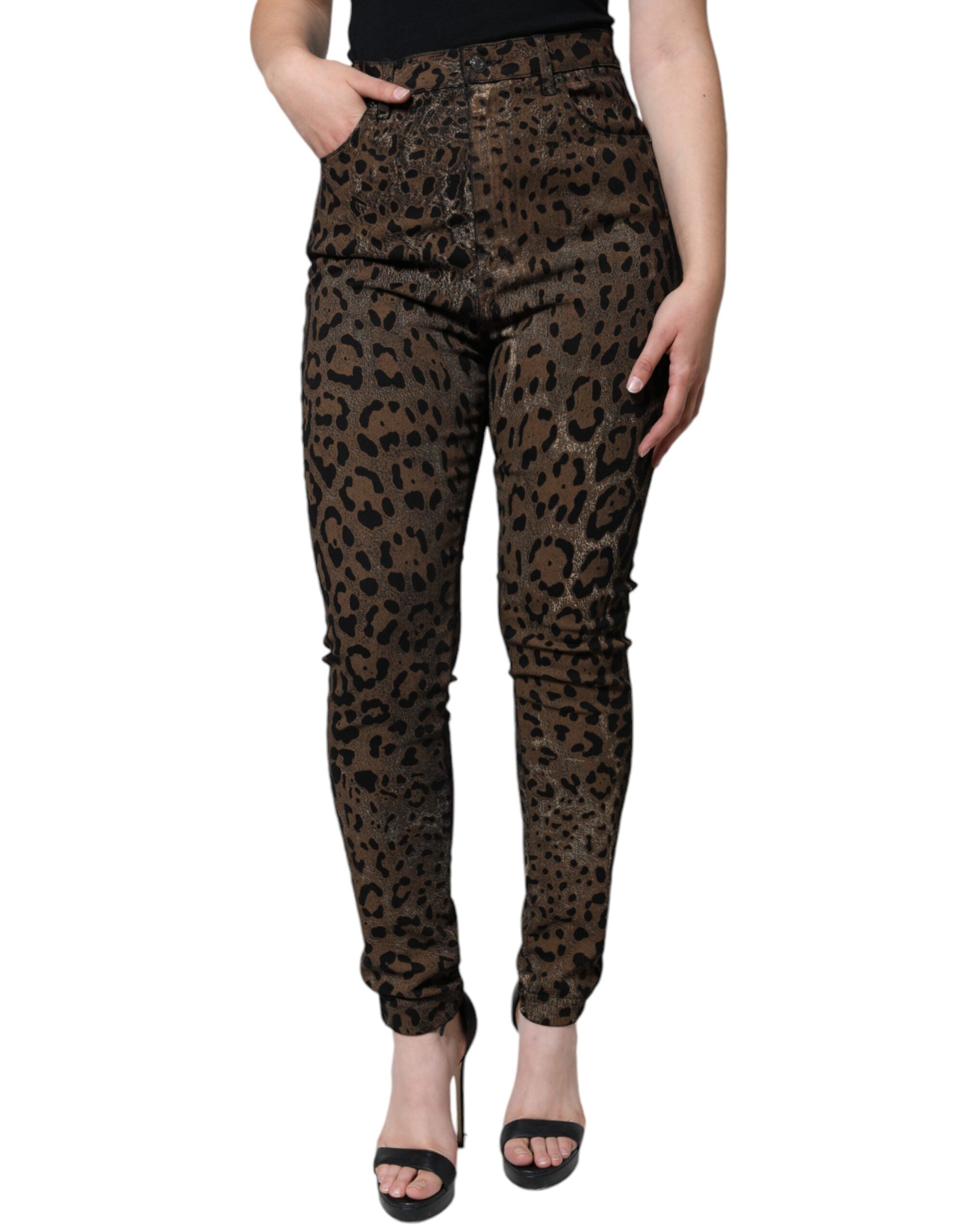 Brown Leopard Cotton Skinny Denim Jeans - ventzia