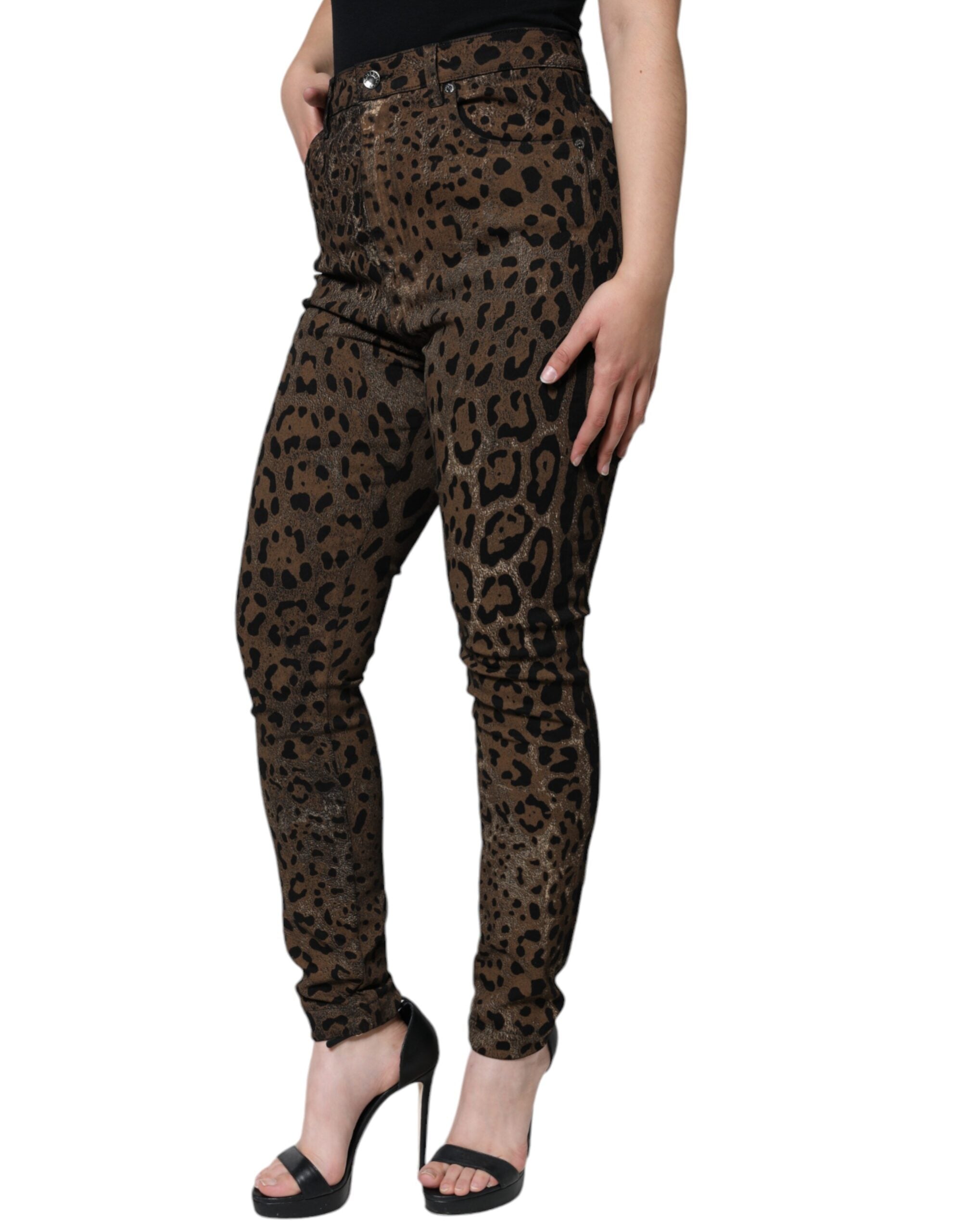 Brown Leopard Cotton Skinny Denim Jeans - ventzia