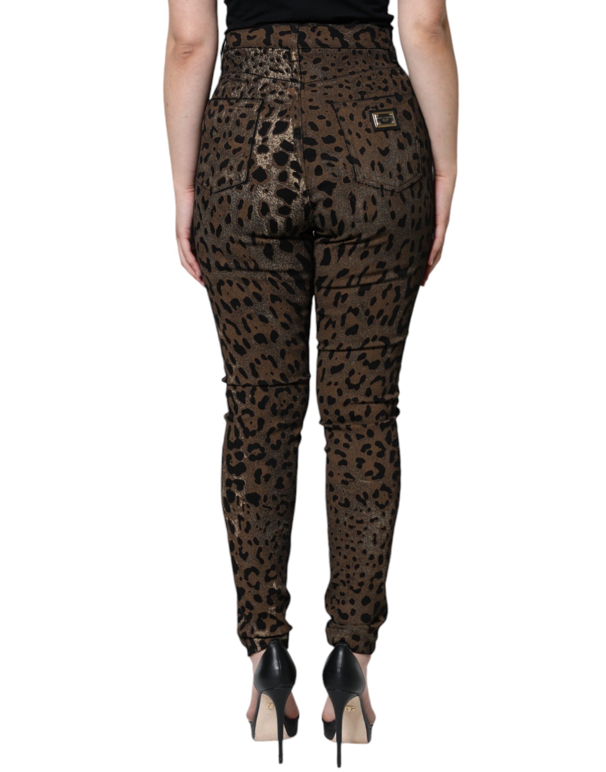 Brown Leopard Cotton Skinny Denim Jeans - ventzia