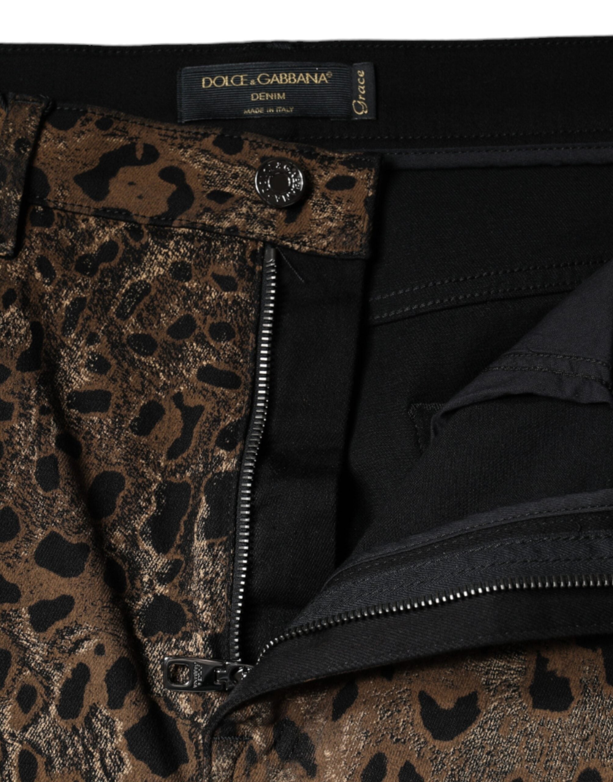 Brown Leopard Cotton Skinny Denim Jeans - ventzia