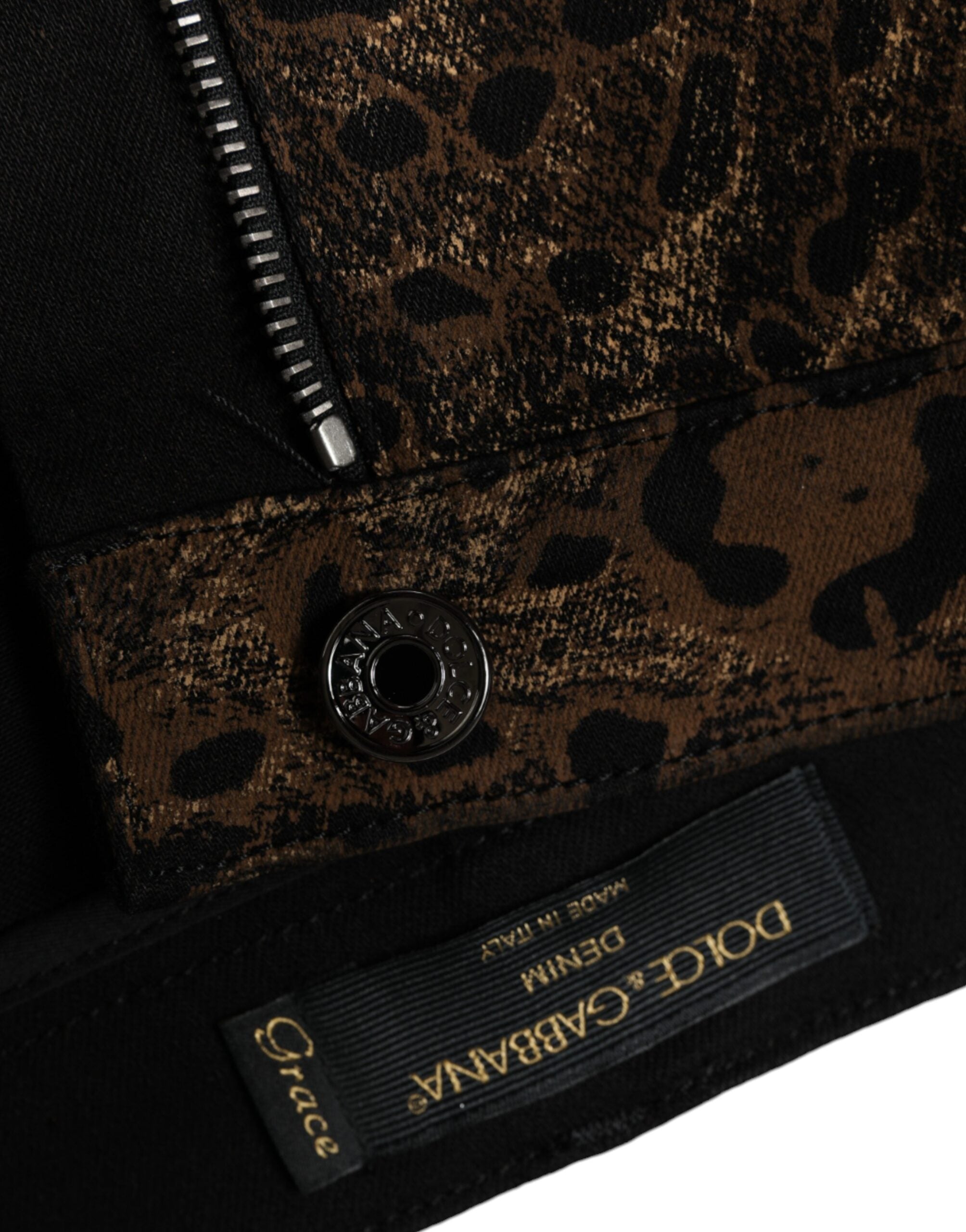 Brown Leopard Cotton Skinny Denim Jeans - ventzia