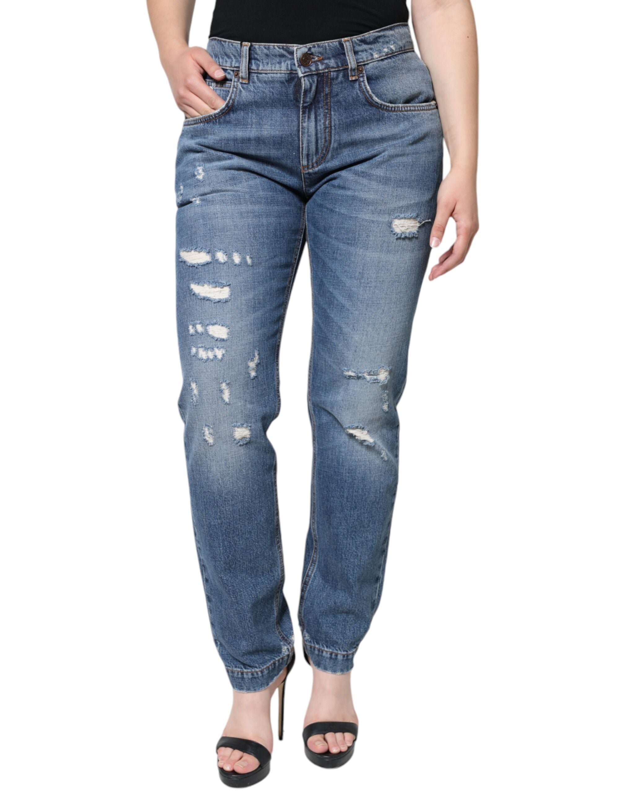 Blue Cotton Tattered Boyfriend Denim Jeans - ventzia