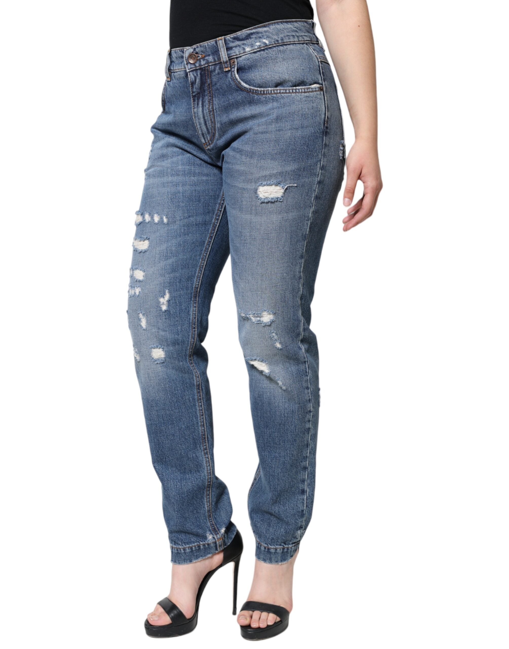 Blue Cotton Tattered Boyfriend Denim Jeans - ventzia