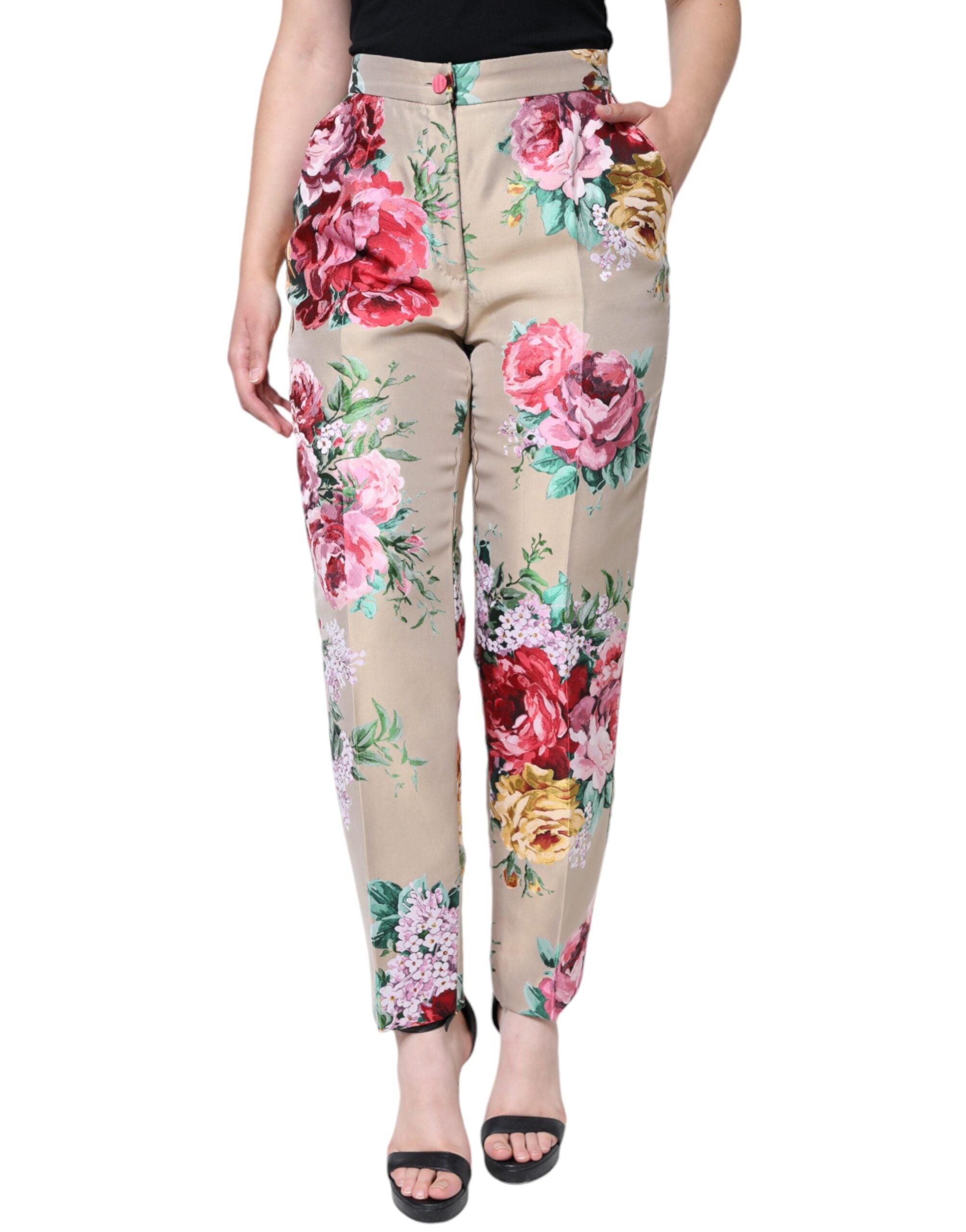 Beige Floral Jacquard High Waist Tapered Pants - ventzia