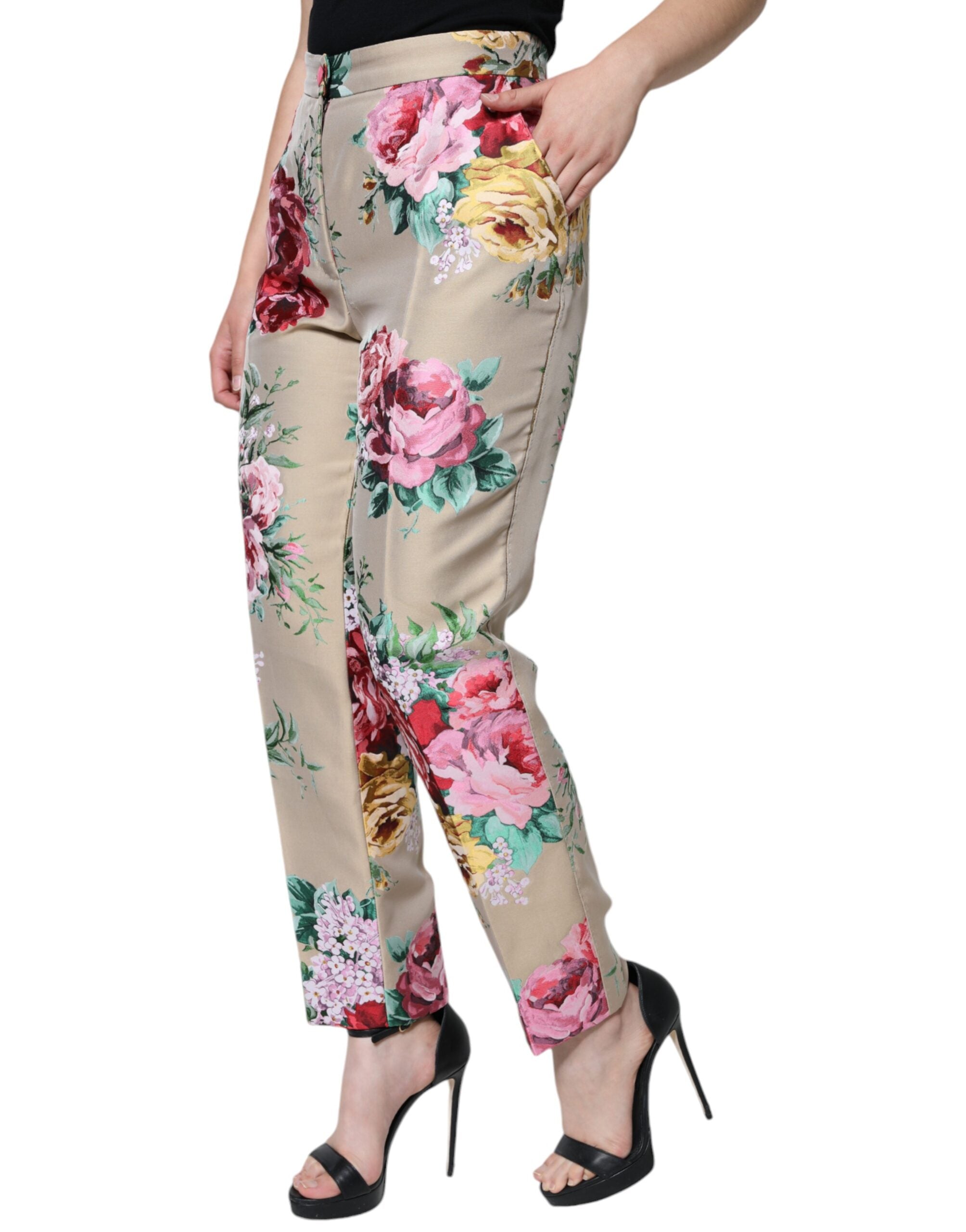 Beige Floral Jacquard High Waist Tapered Pants - ventzia