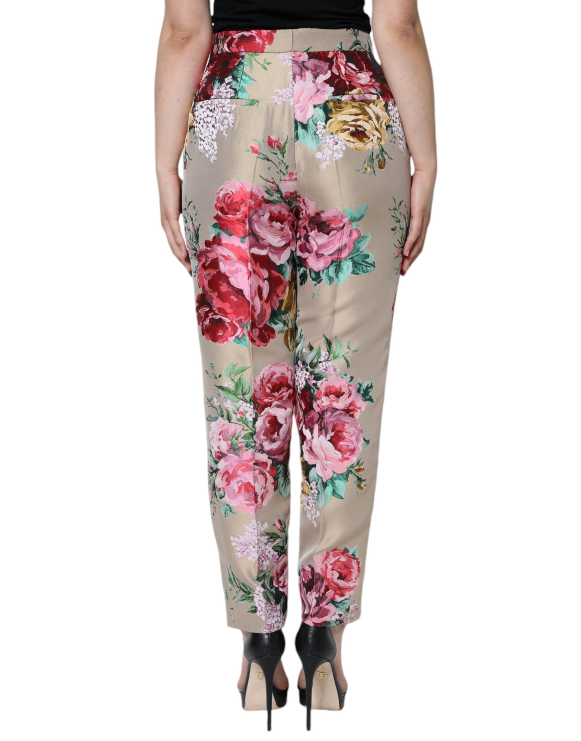 Beige Floral Jacquard High Waist Tapered Pants - ventzia