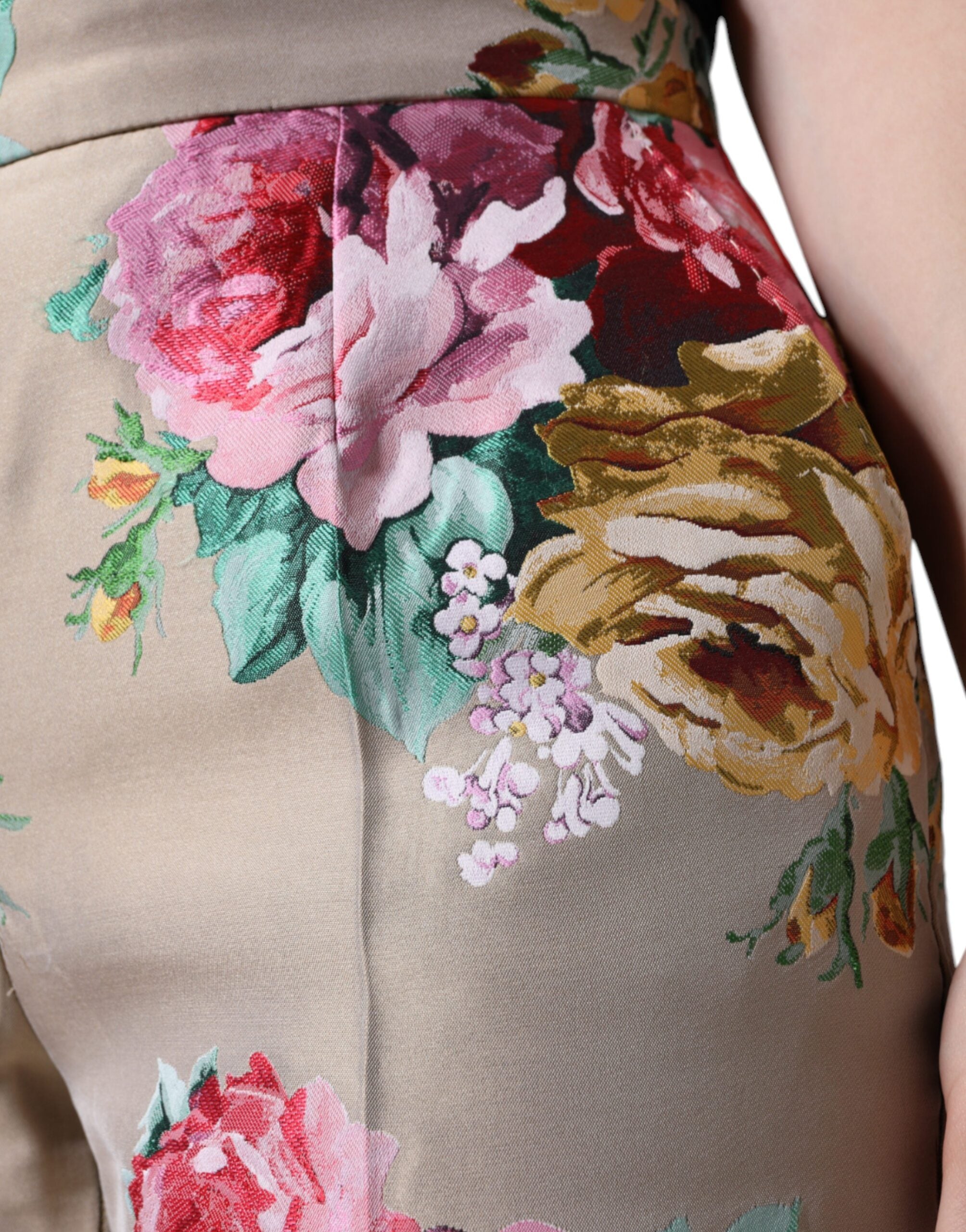 Beige Floral Jacquard High Waist Tapered Pants - ventzia