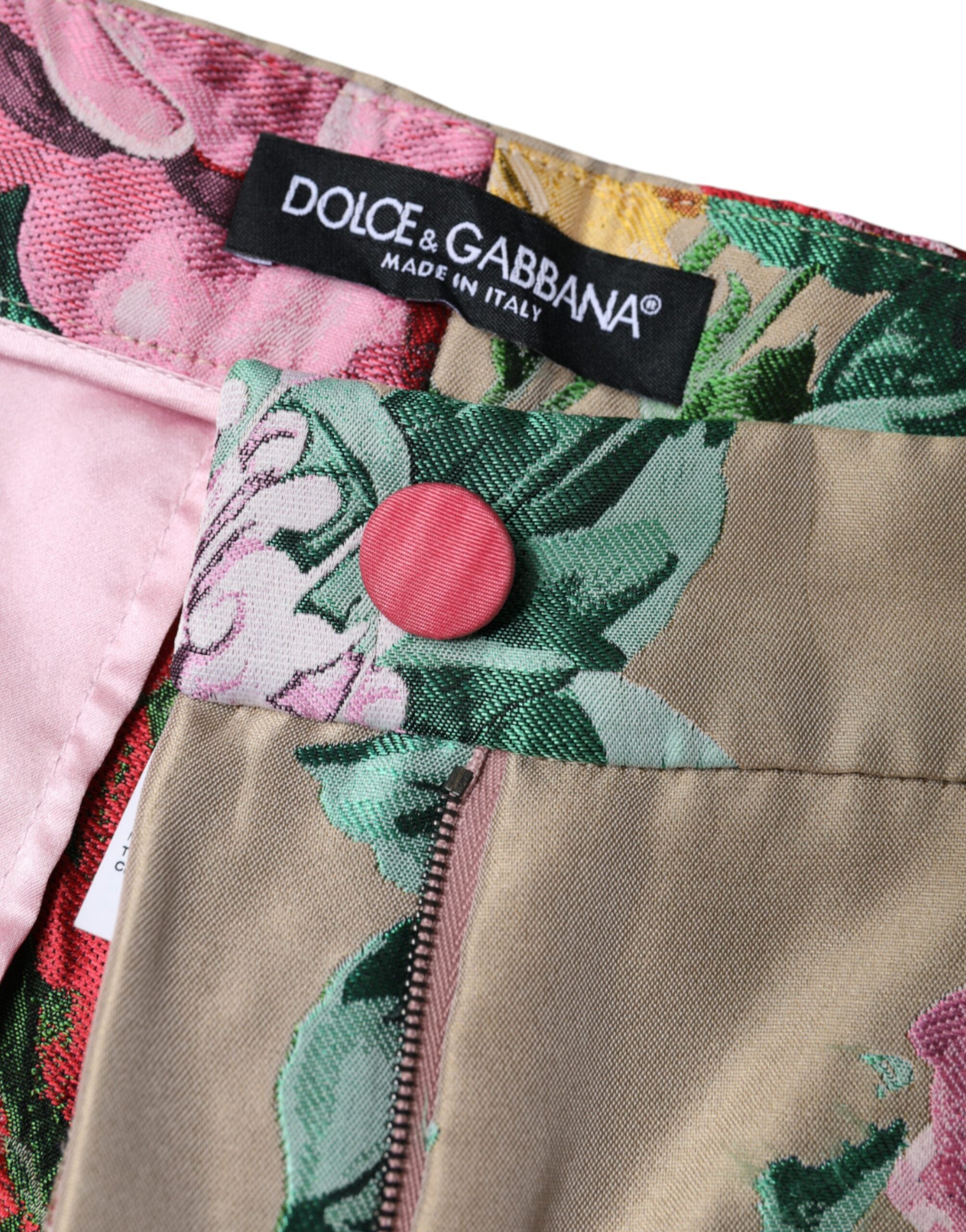 Beige Floral Jacquard High Waist Tapered Pants - ventzia