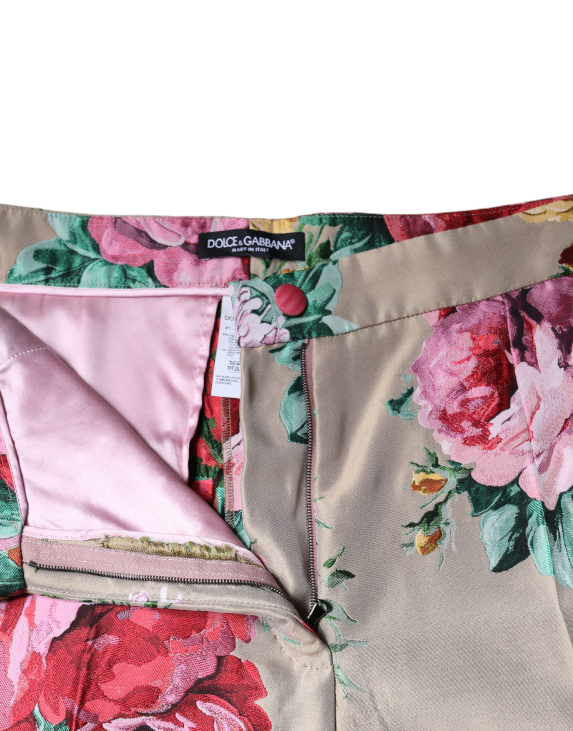 Beige Floral Jacquard High Waist Tapered Pants - ventzia