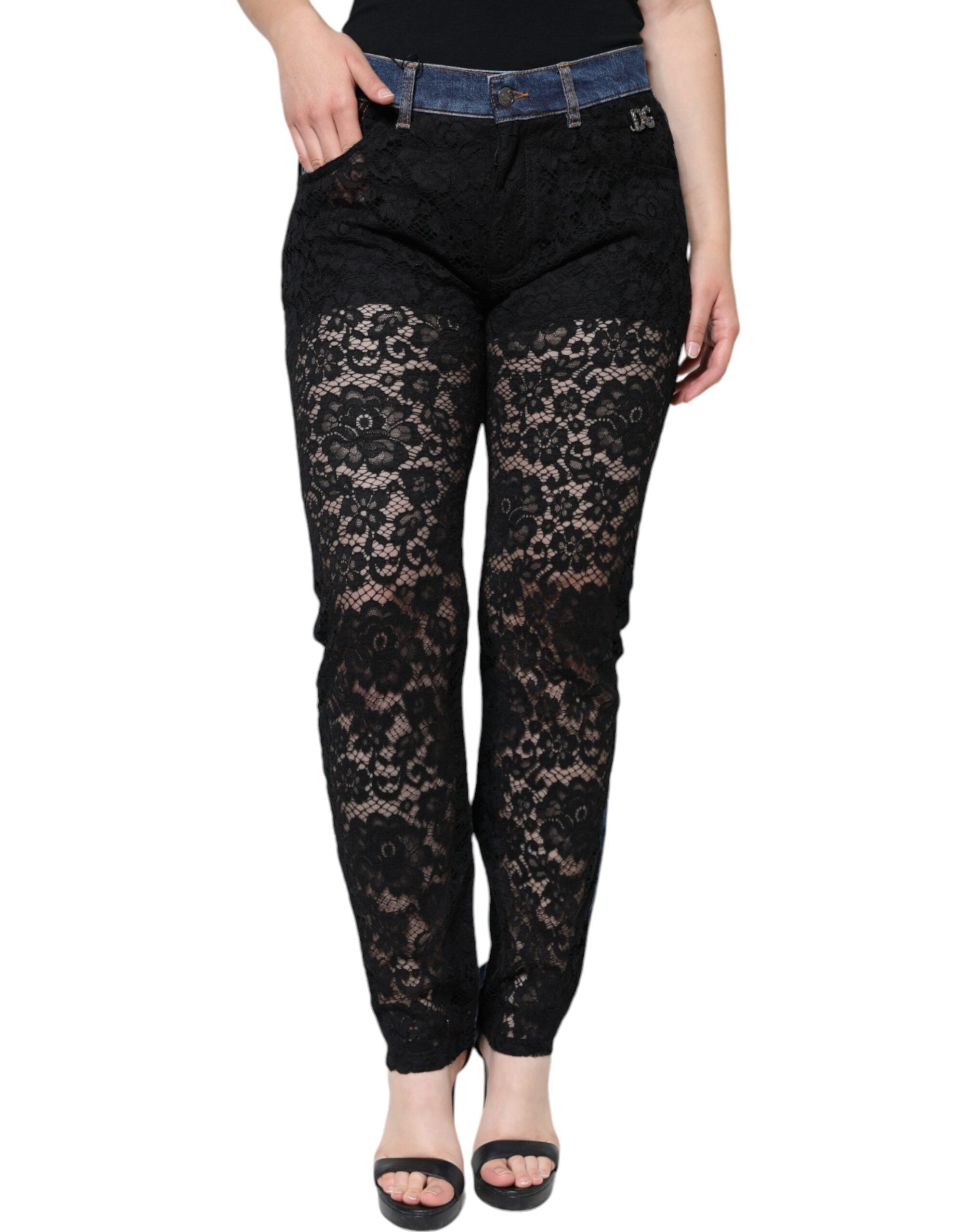 Black Floral Lace Front Skinny Denim Jeans - ventzia