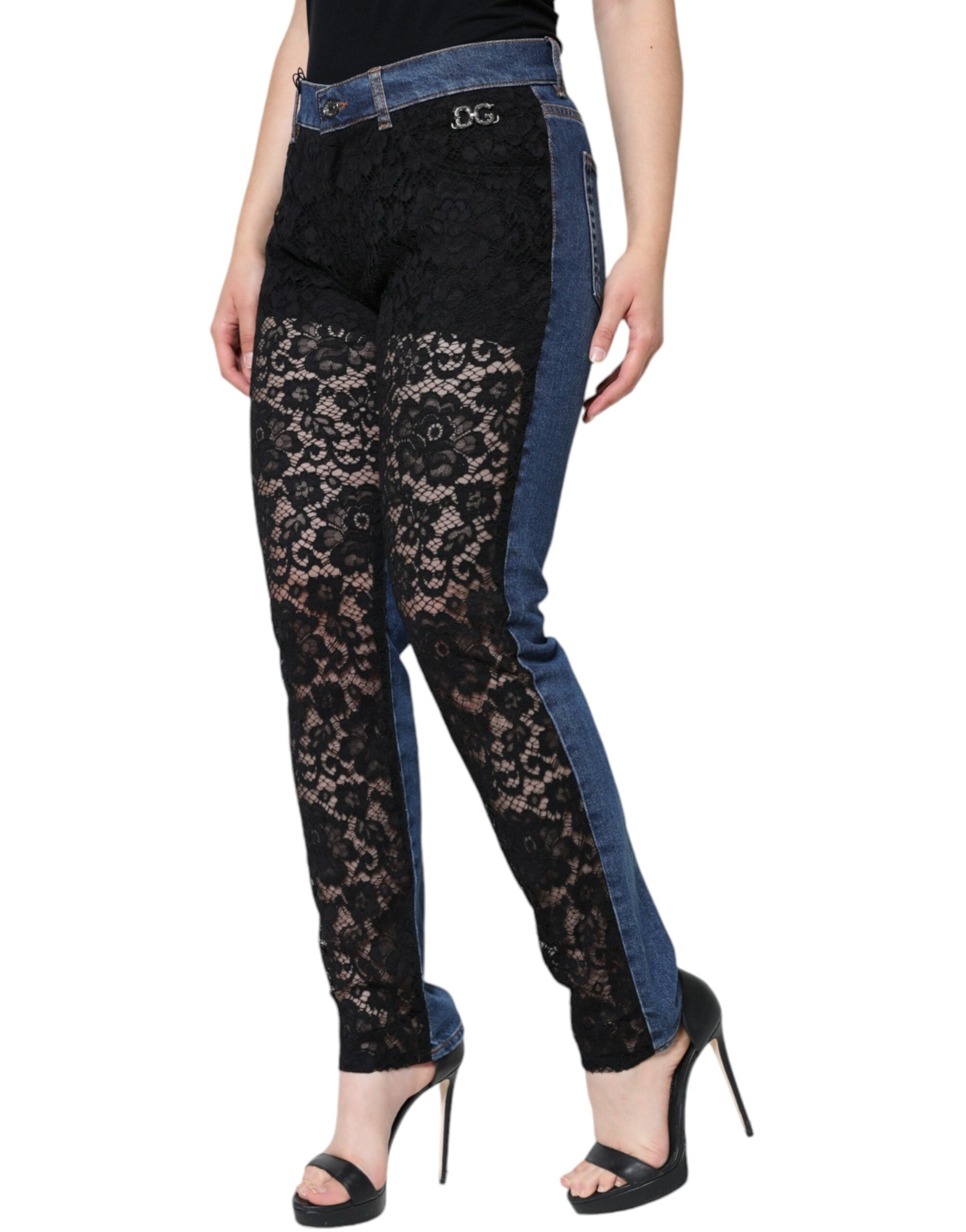 Black Floral Lace Front Skinny Denim Jeans - ventzia