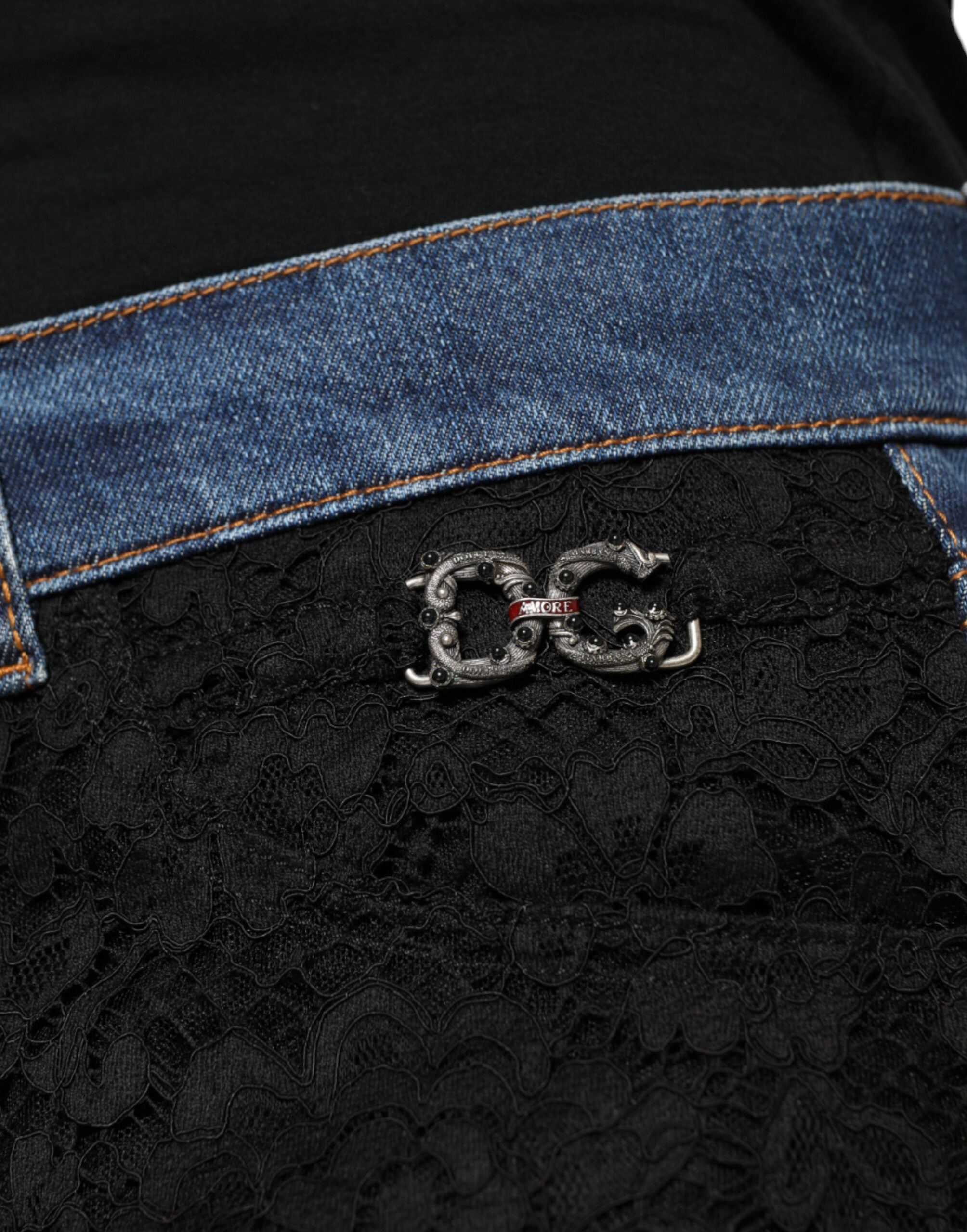 Black Floral Lace Front Skinny Denim Jeans - ventzia