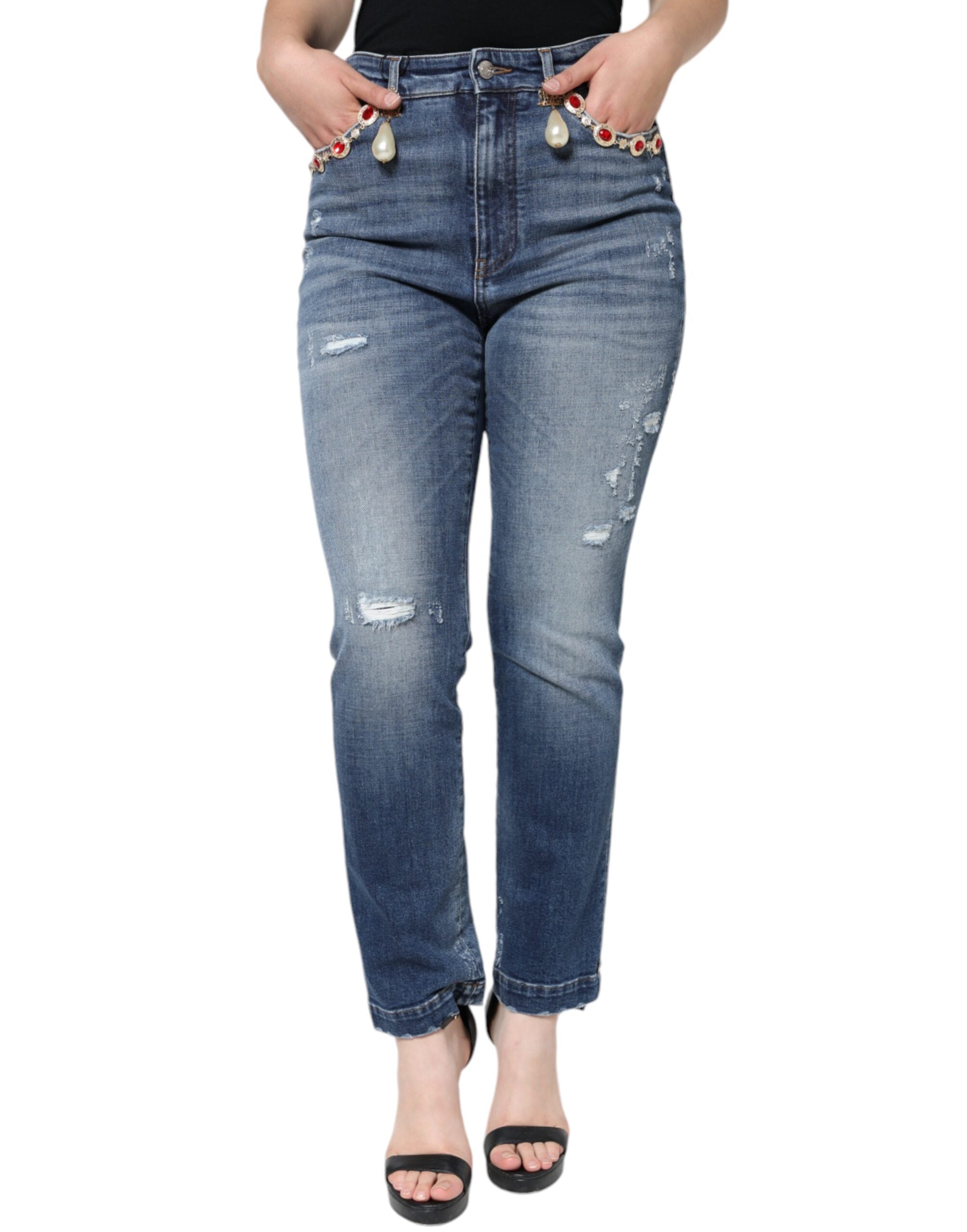 Dark Blue Cotton Tattered Skinny Denim Jeans - ventzia
