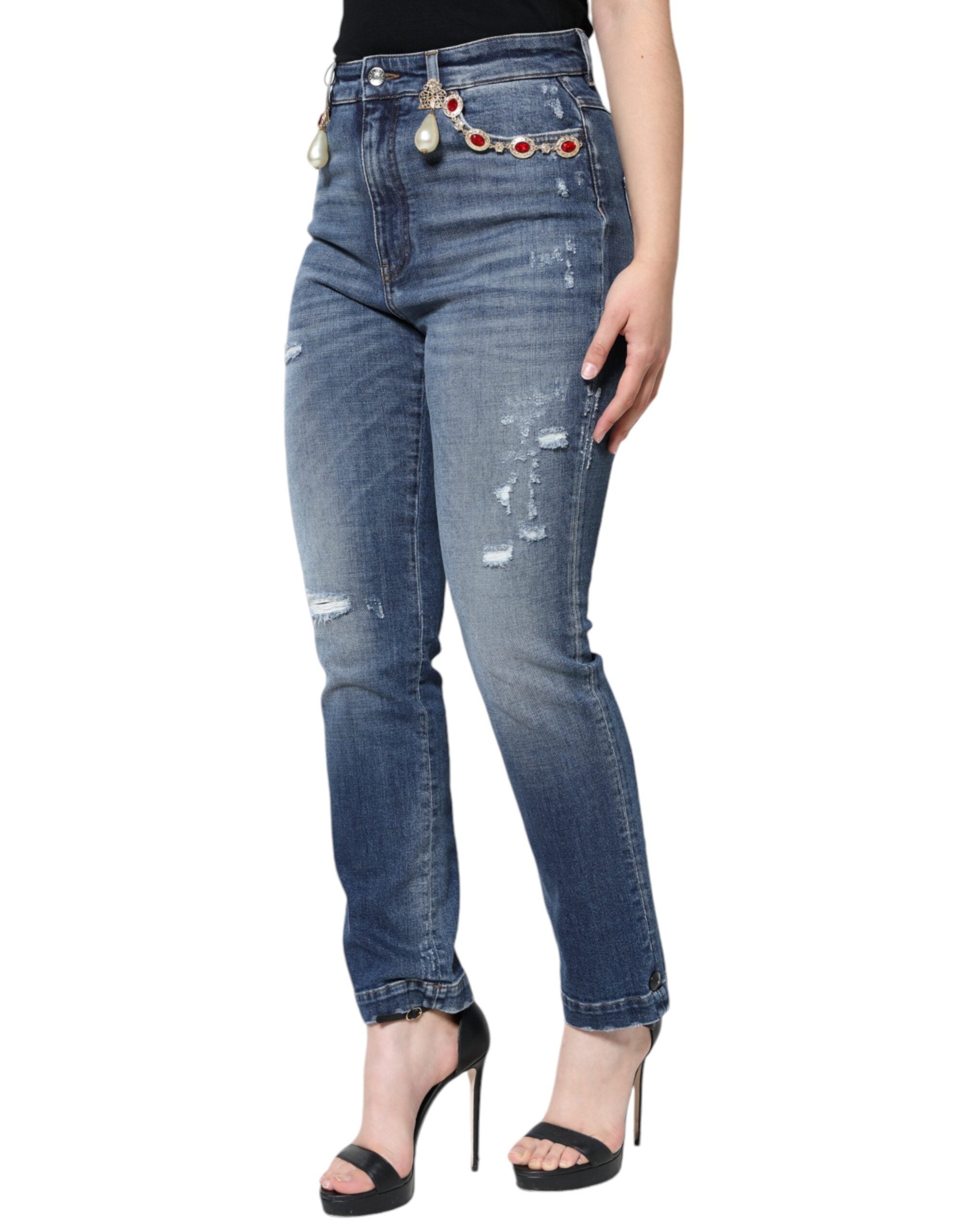 Dark Blue Cotton Tattered Skinny Denim Jeans - ventzia