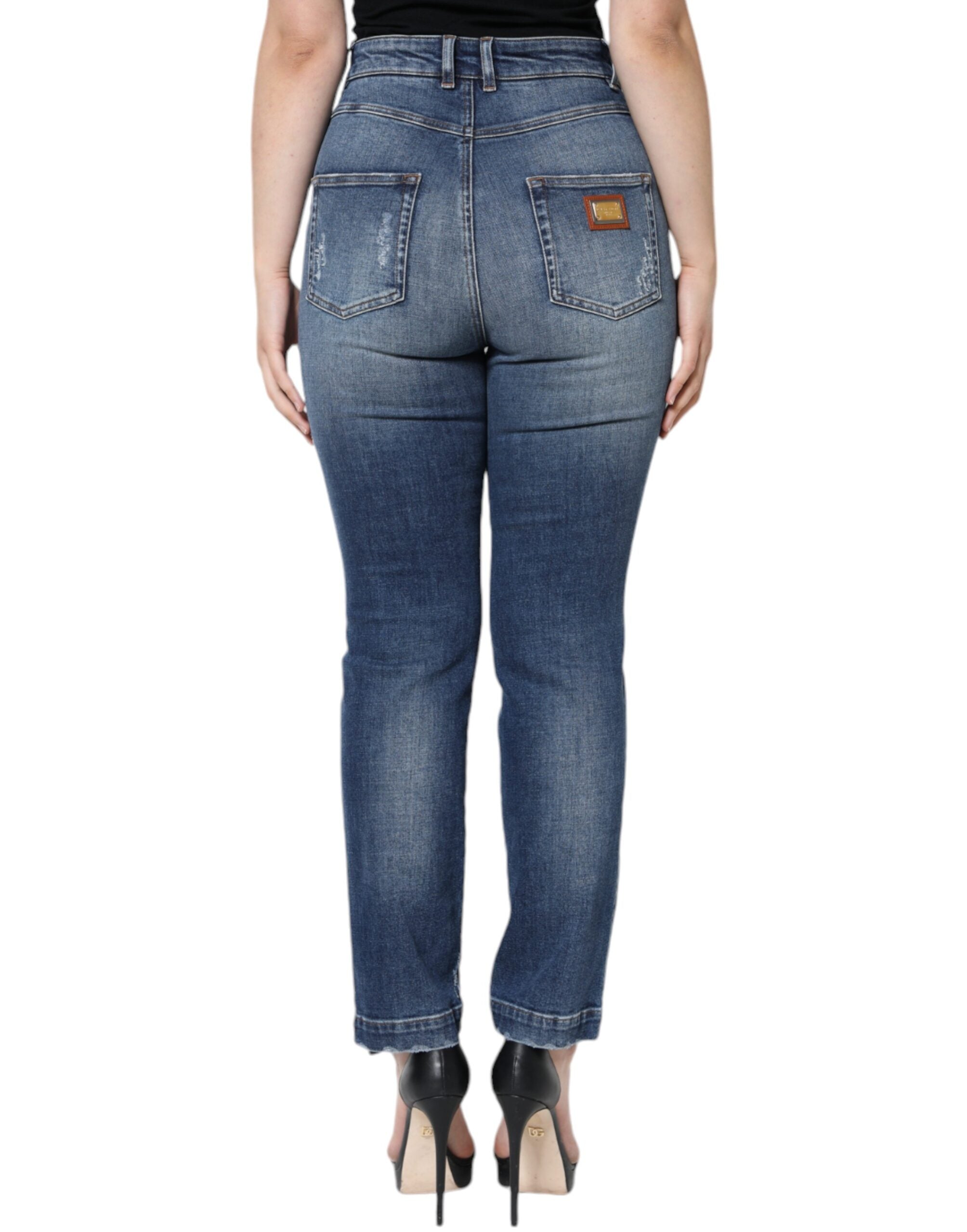 Dark Blue Cotton Tattered Skinny Denim Jeans - ventzia