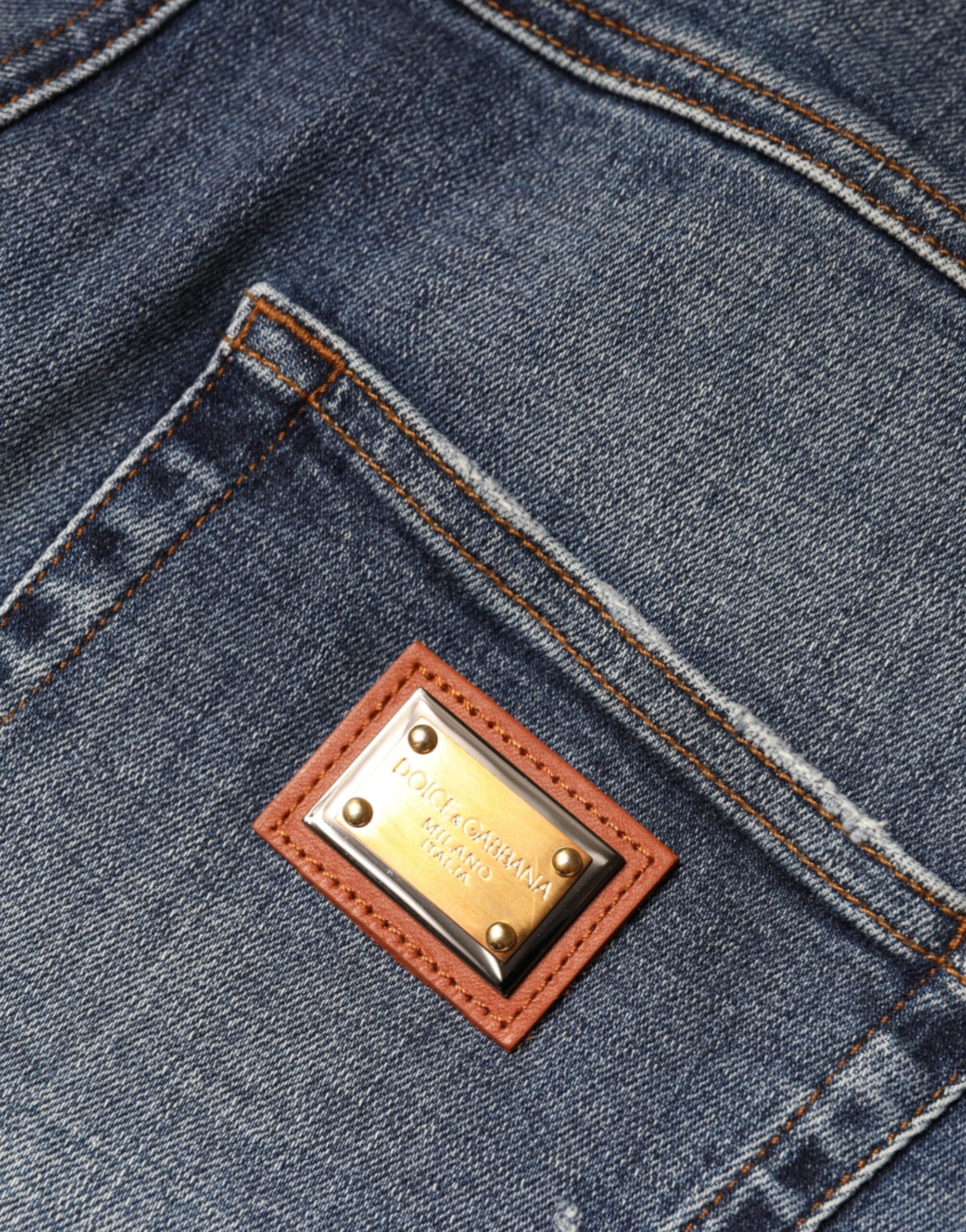 Dark Blue Cotton Tattered Skinny Denim Jeans - ventzia