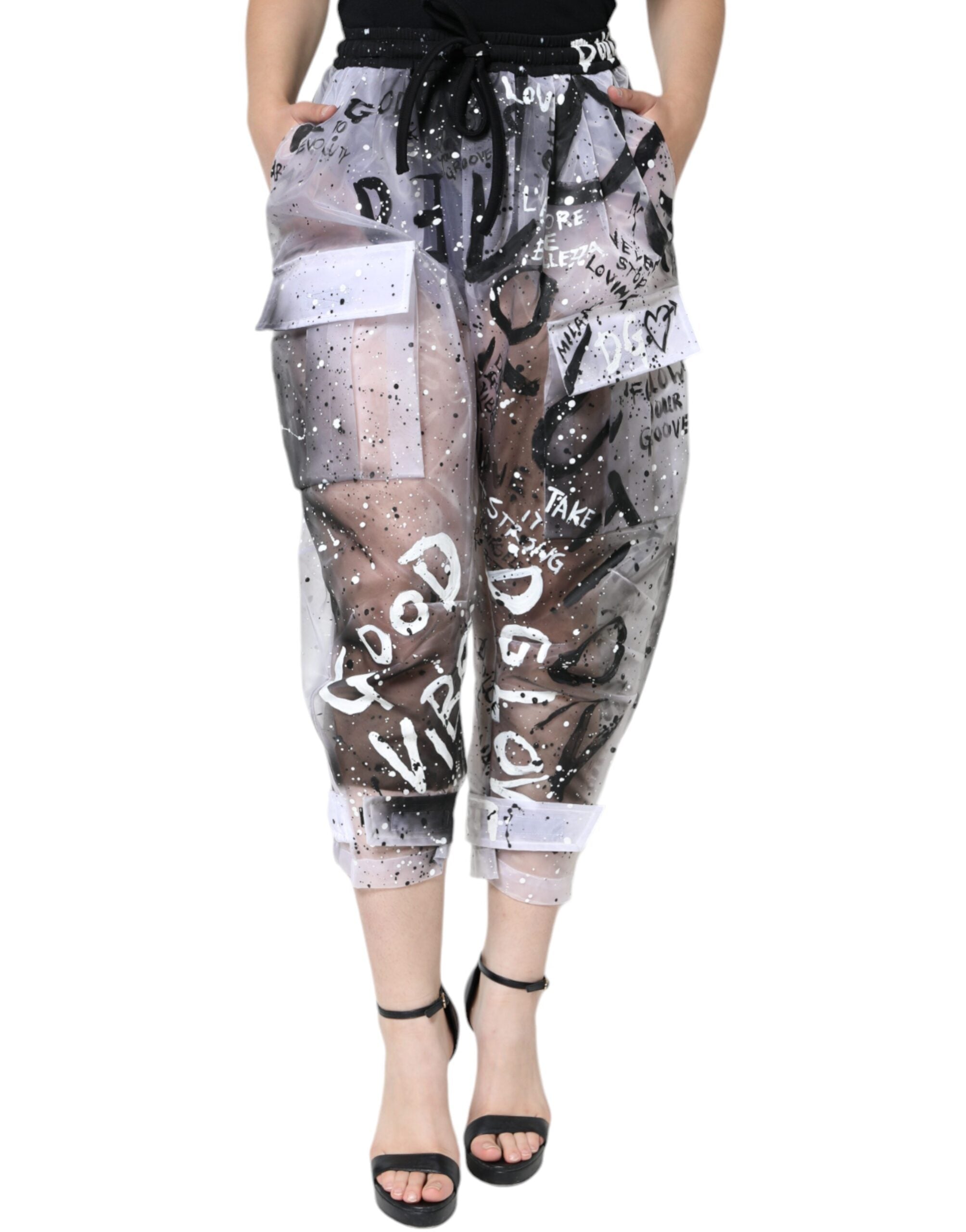White See Through Logo Cropped Cargo Pants - ventzia