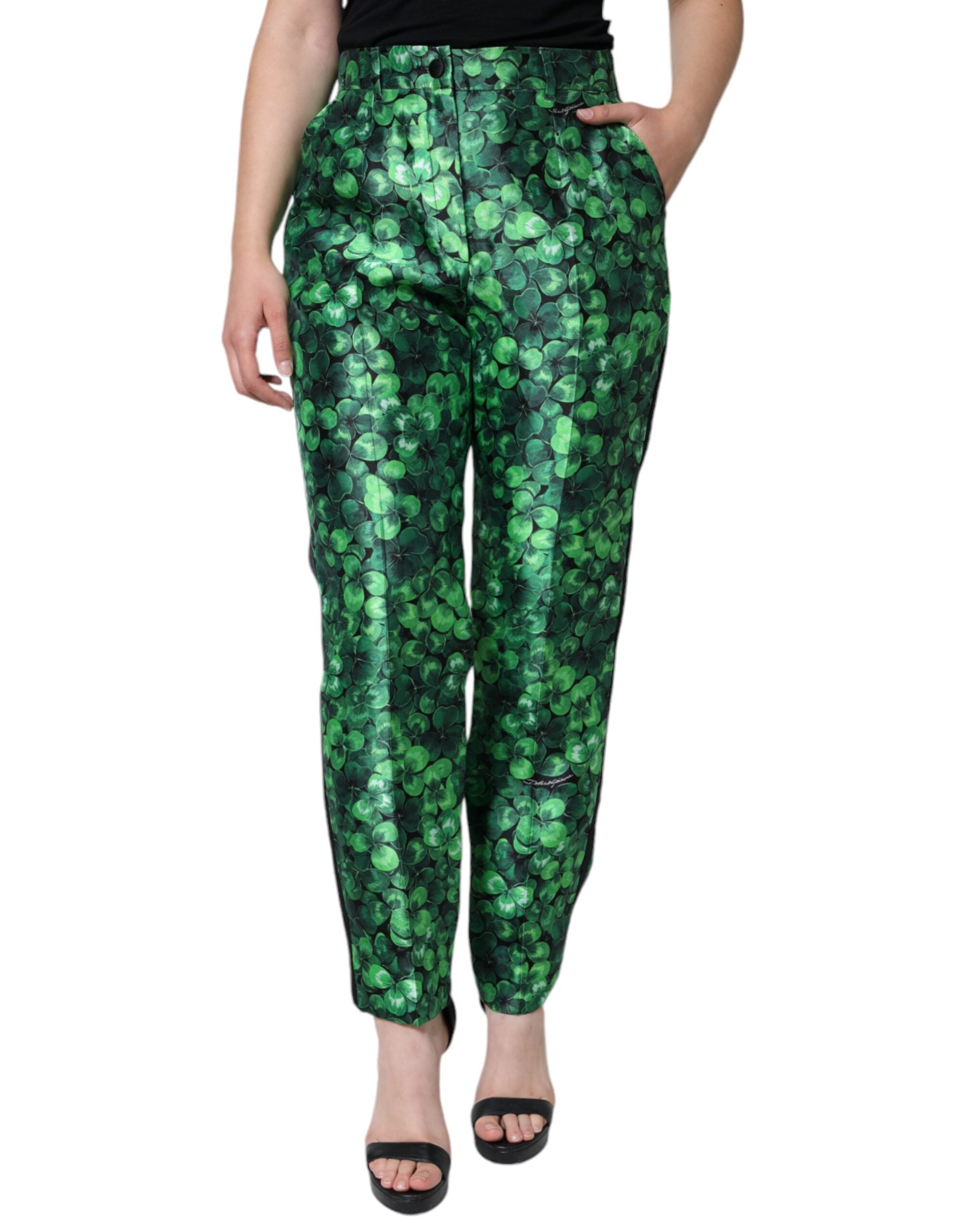 Green Clover Silk Satin High Waist Tapered Pants - ventzia