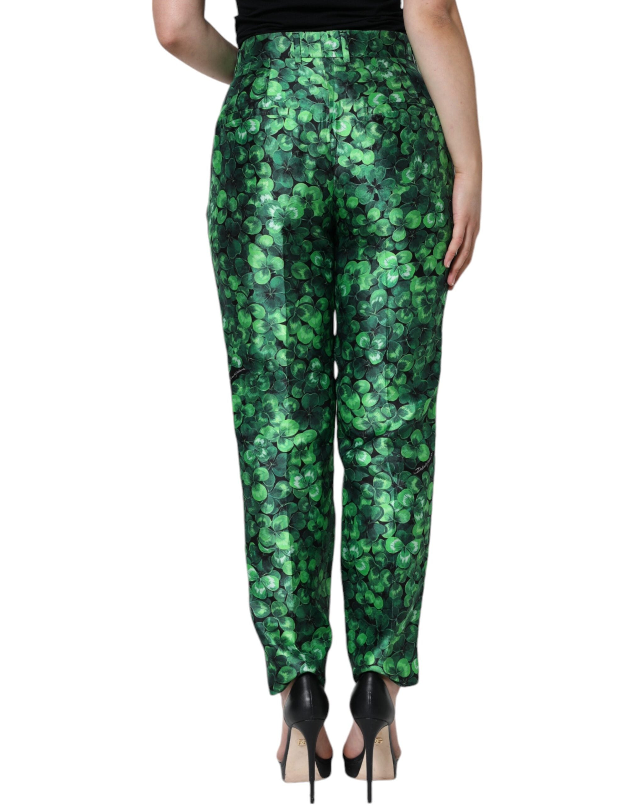 Green Clover Silk Satin High Waist Tapered Pants - ventzia