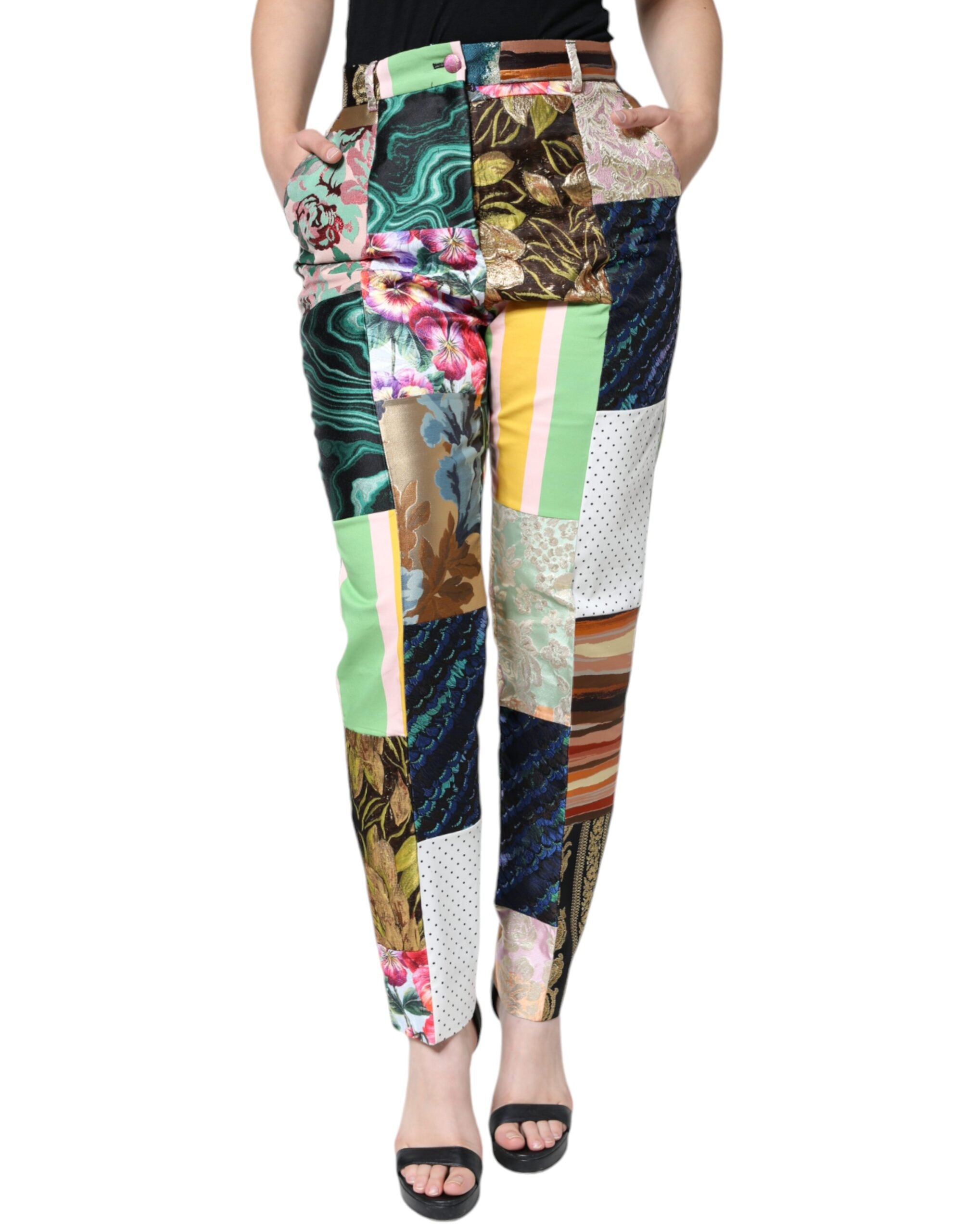 Multicolor Patchwork Jacquard High Waist Pants - ventzia