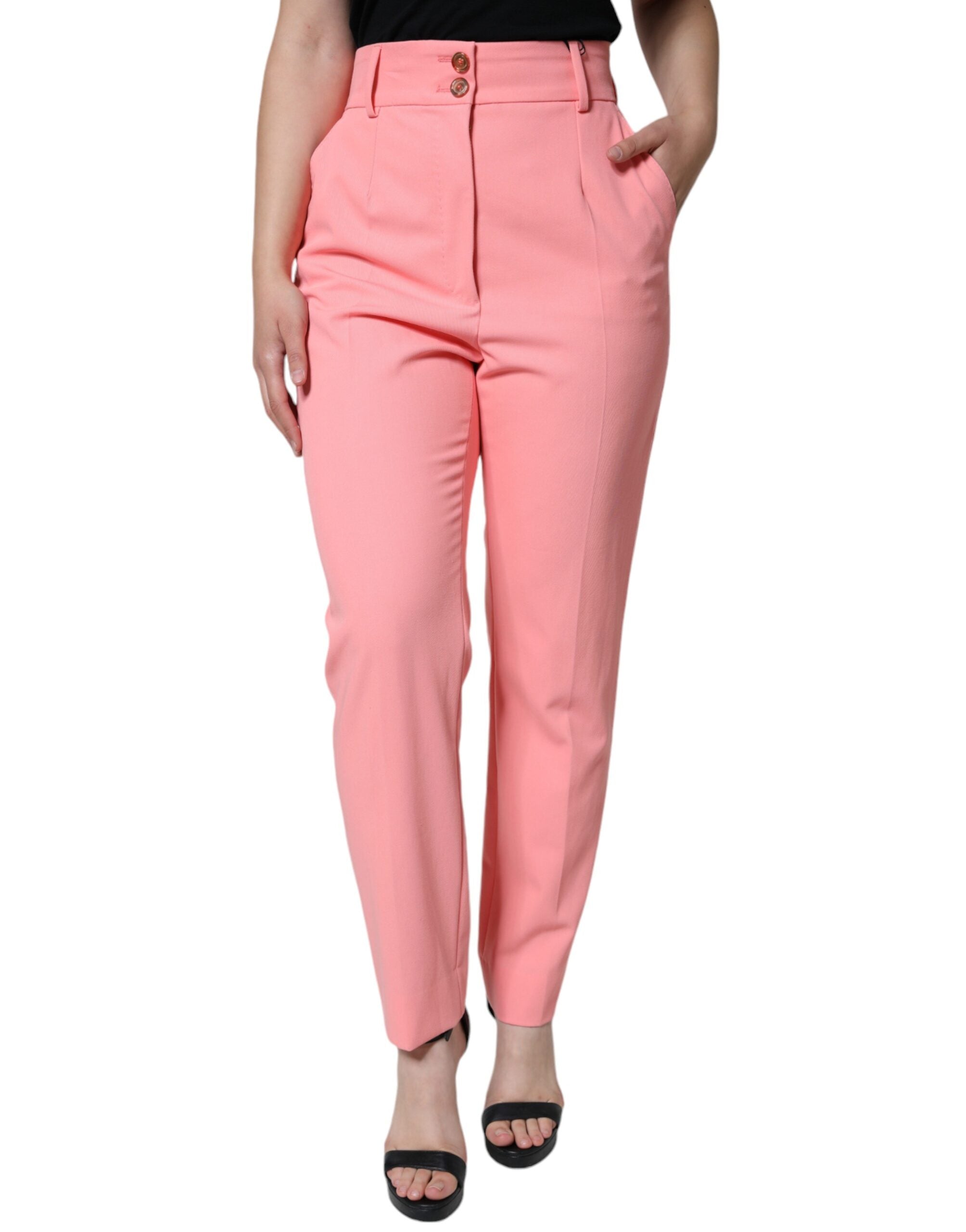 Rose Pink Polyester High Waist Tapered Pants - ventzia