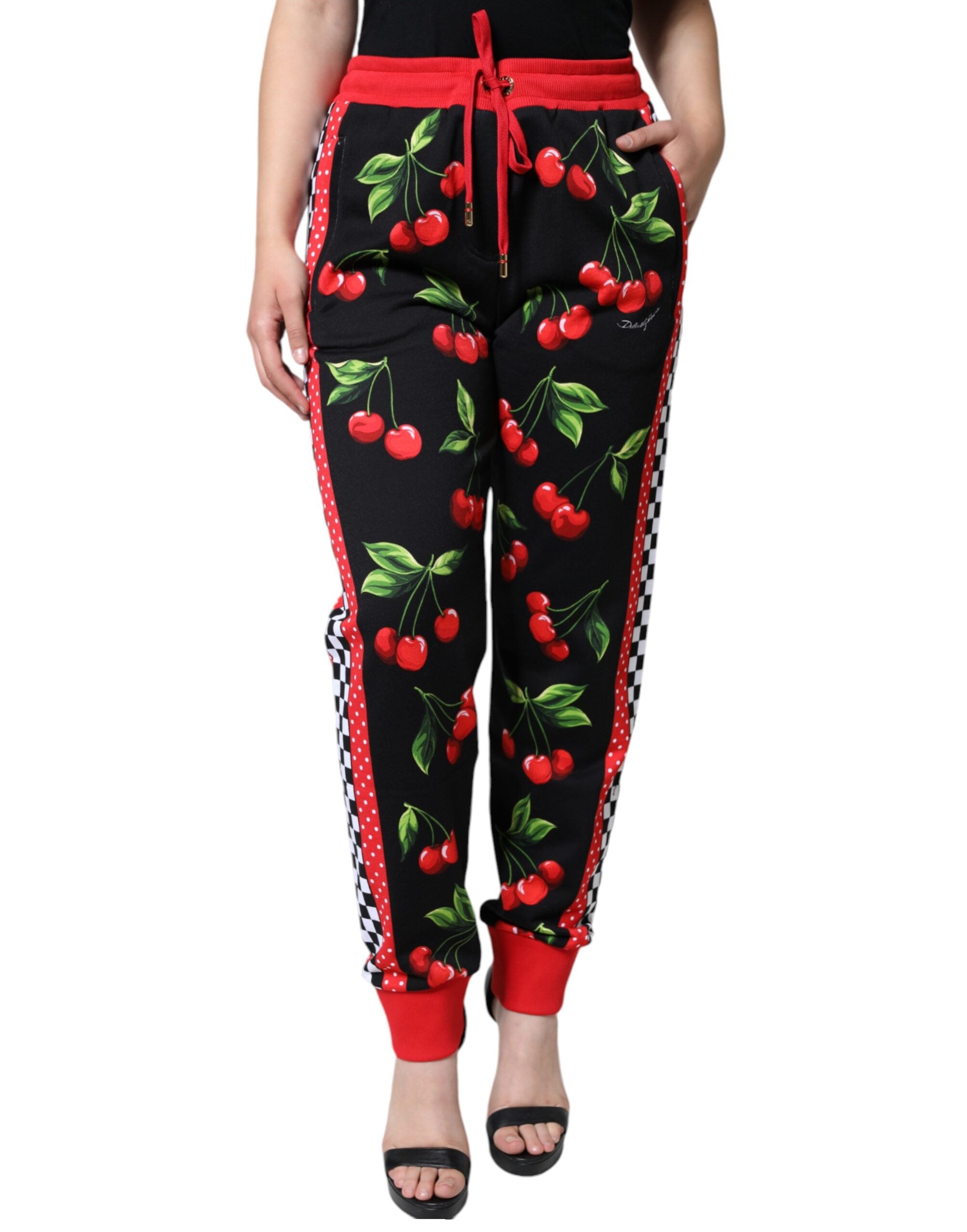 Black Red Cherry Mid Waist Jogger Pants - ventzia