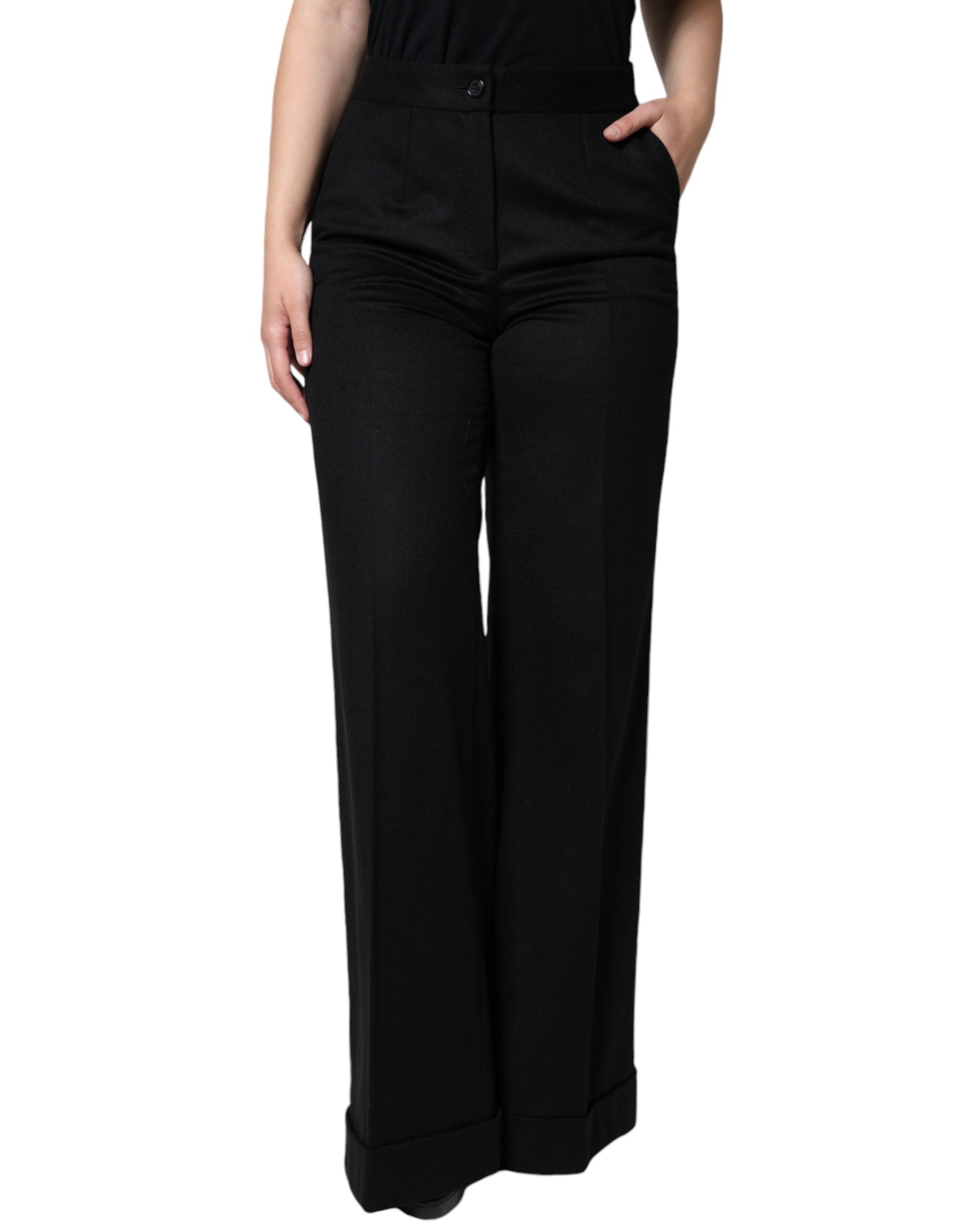 Black Cashmere Mid Waist Women Boot Cut Pants - ventzia
