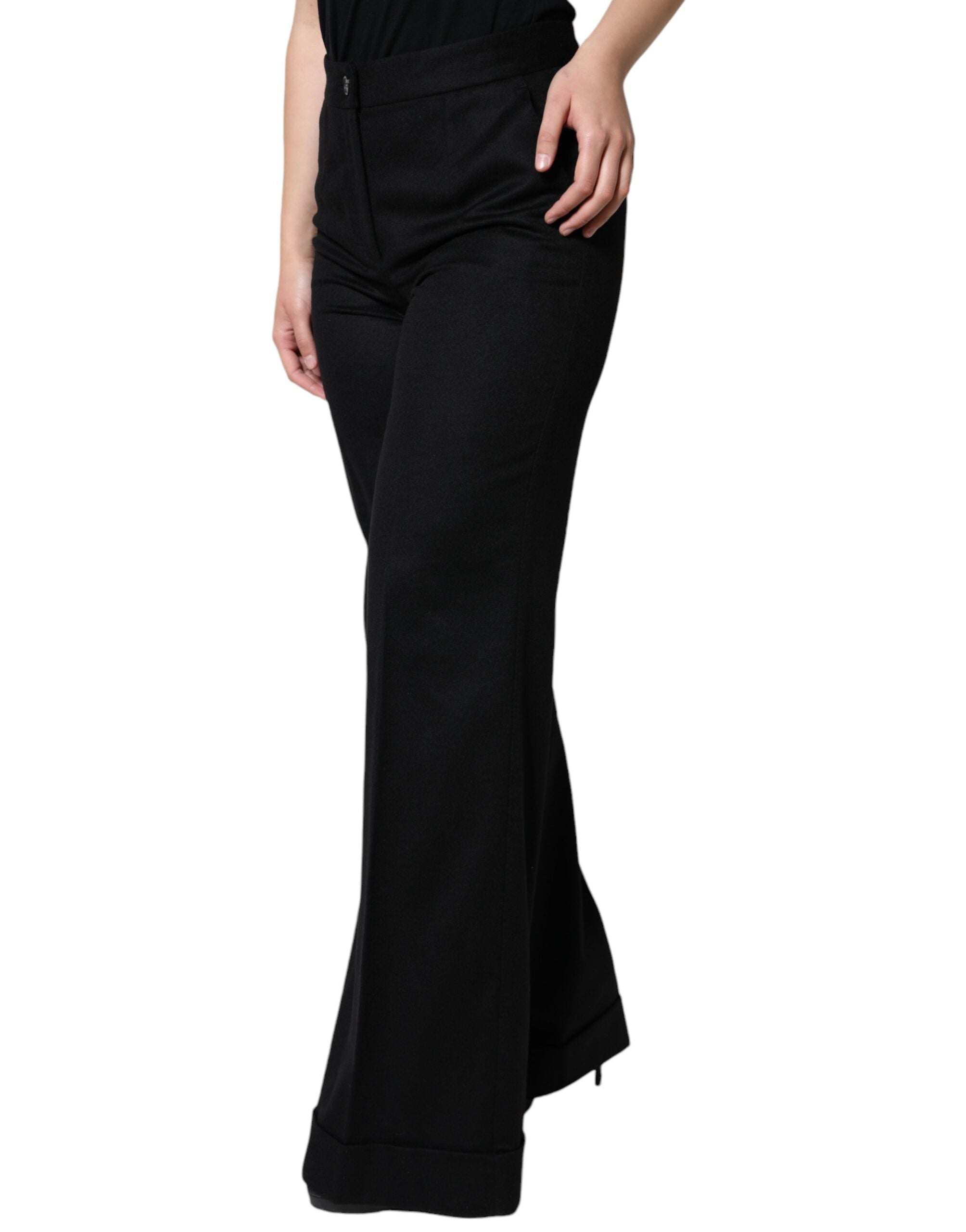 Black Cashmere Mid Waist Women Boot Cut Pants - ventzia