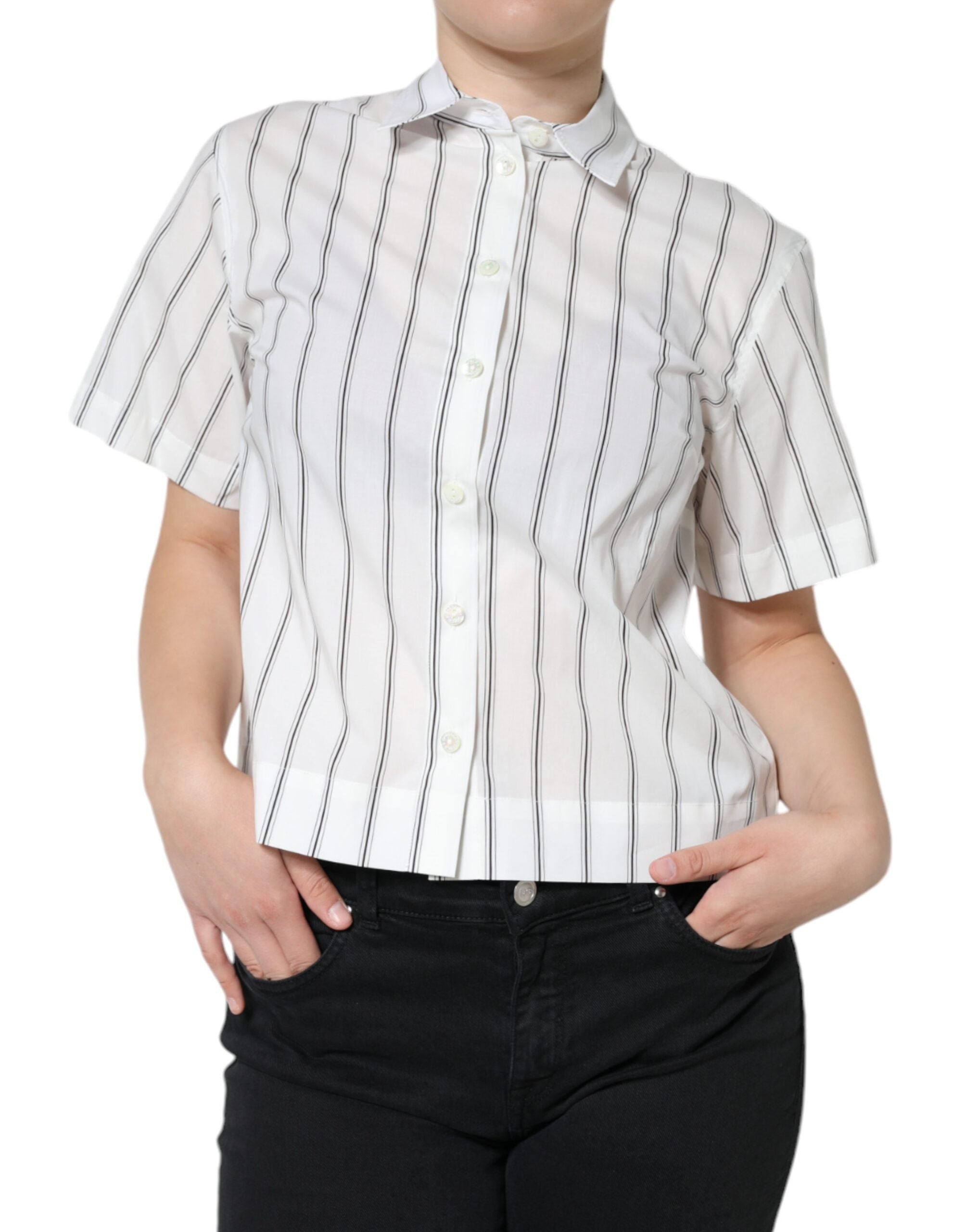 White Striped Collared Short Sleeve Polo Top - ventzia