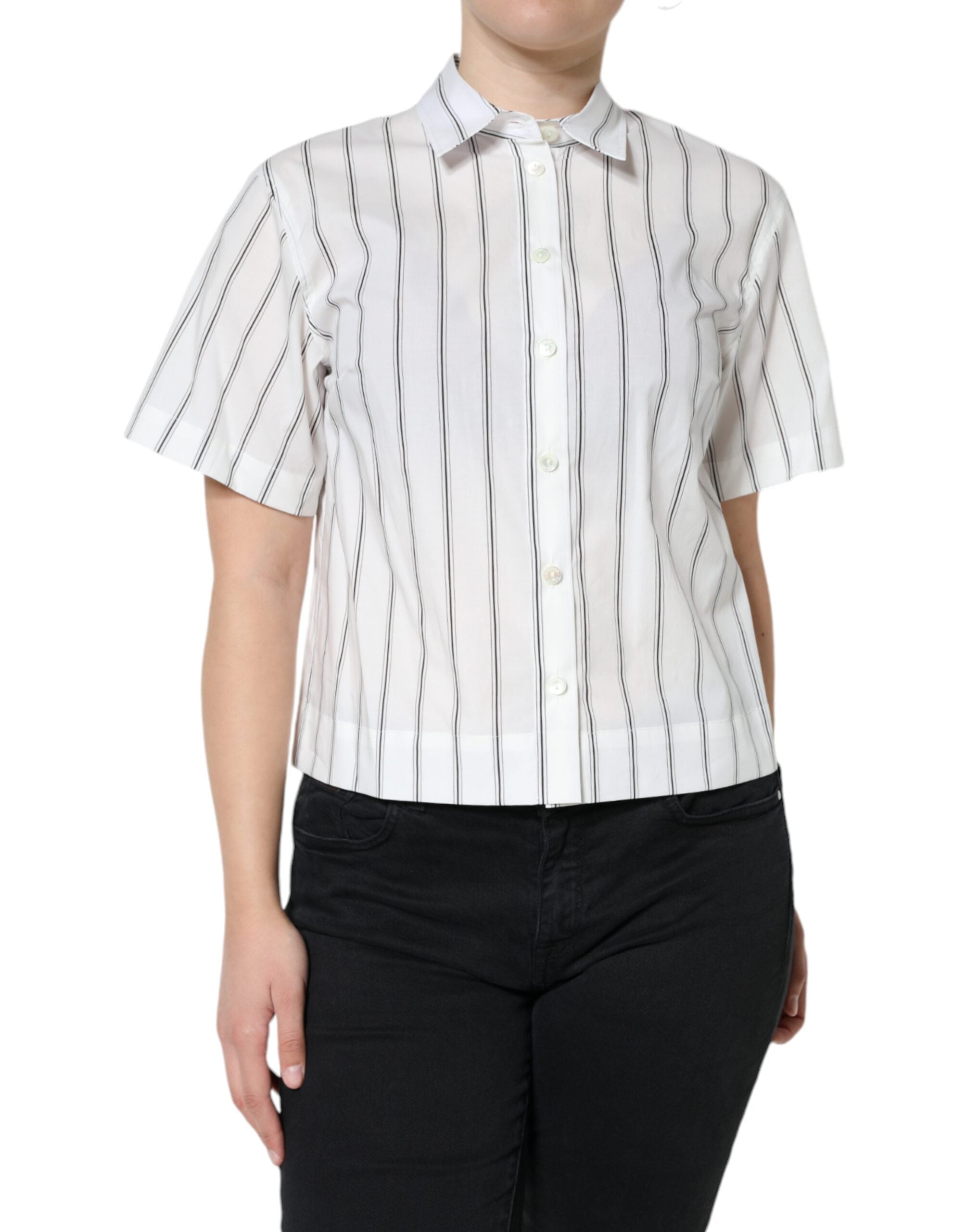 White Striped Collared Short Sleeve Polo Top - ventzia