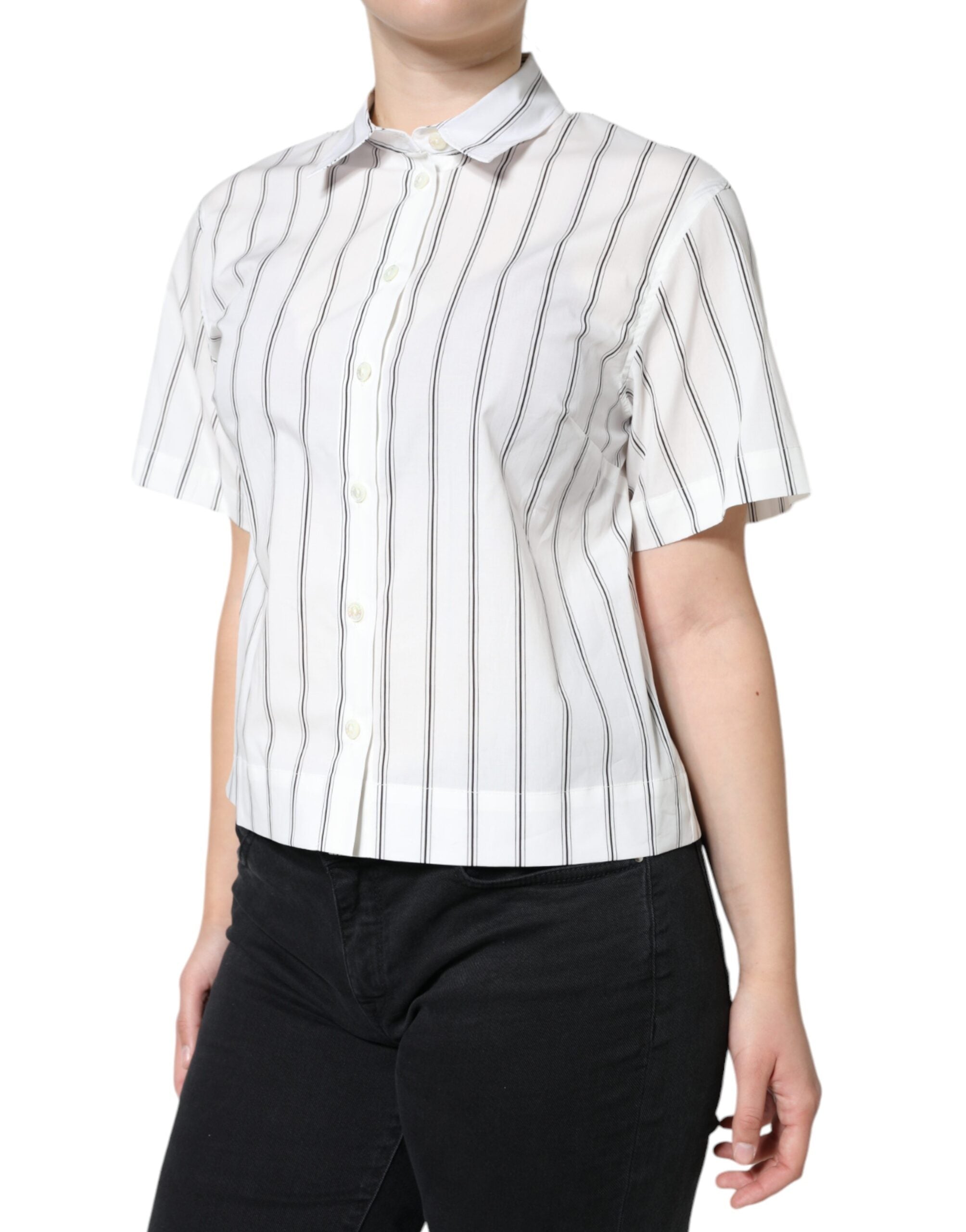 White Striped Collared Short Sleeve Polo Top - ventzia