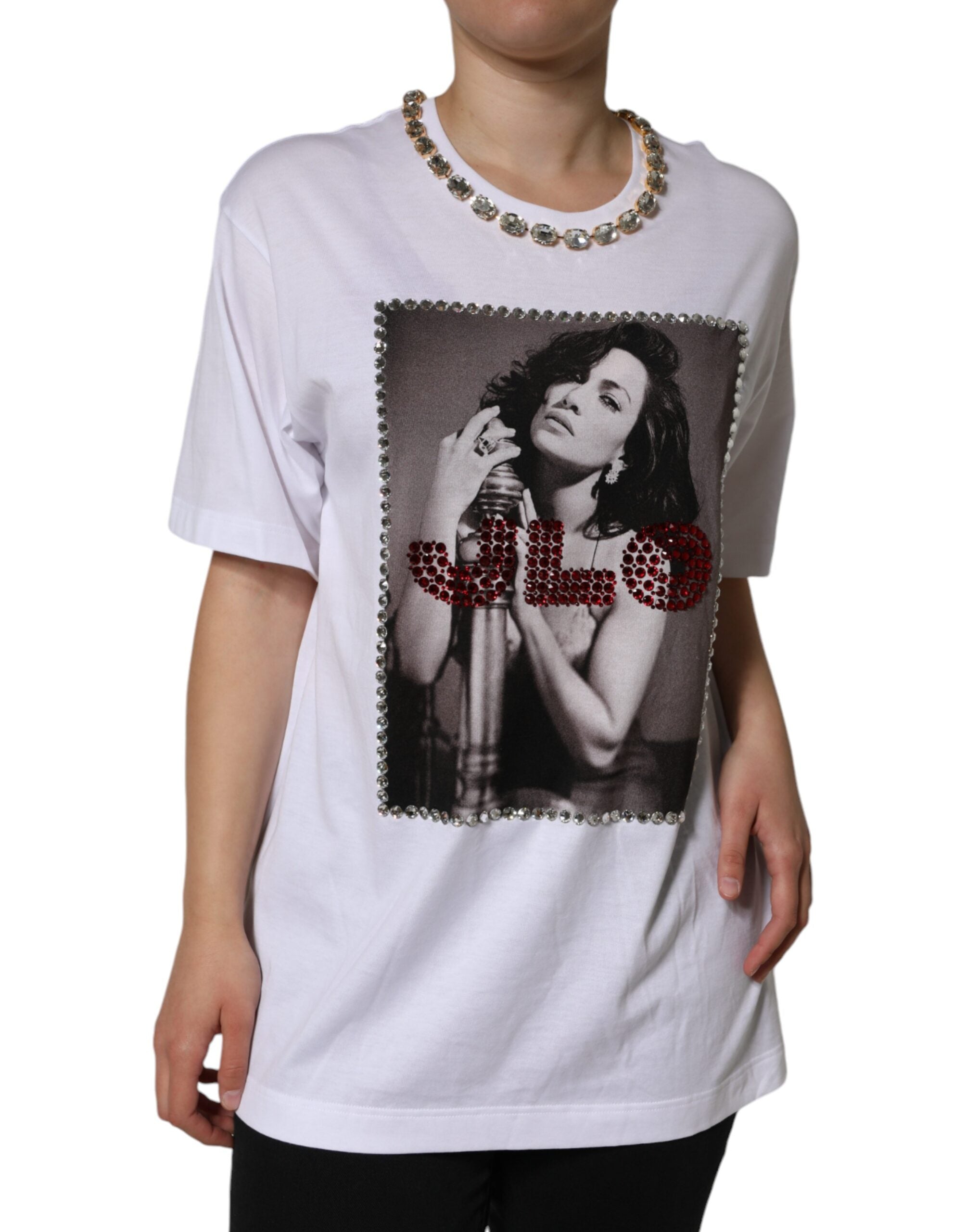 White Crystal Neckline Embellished Printed T-shirt - ventzia