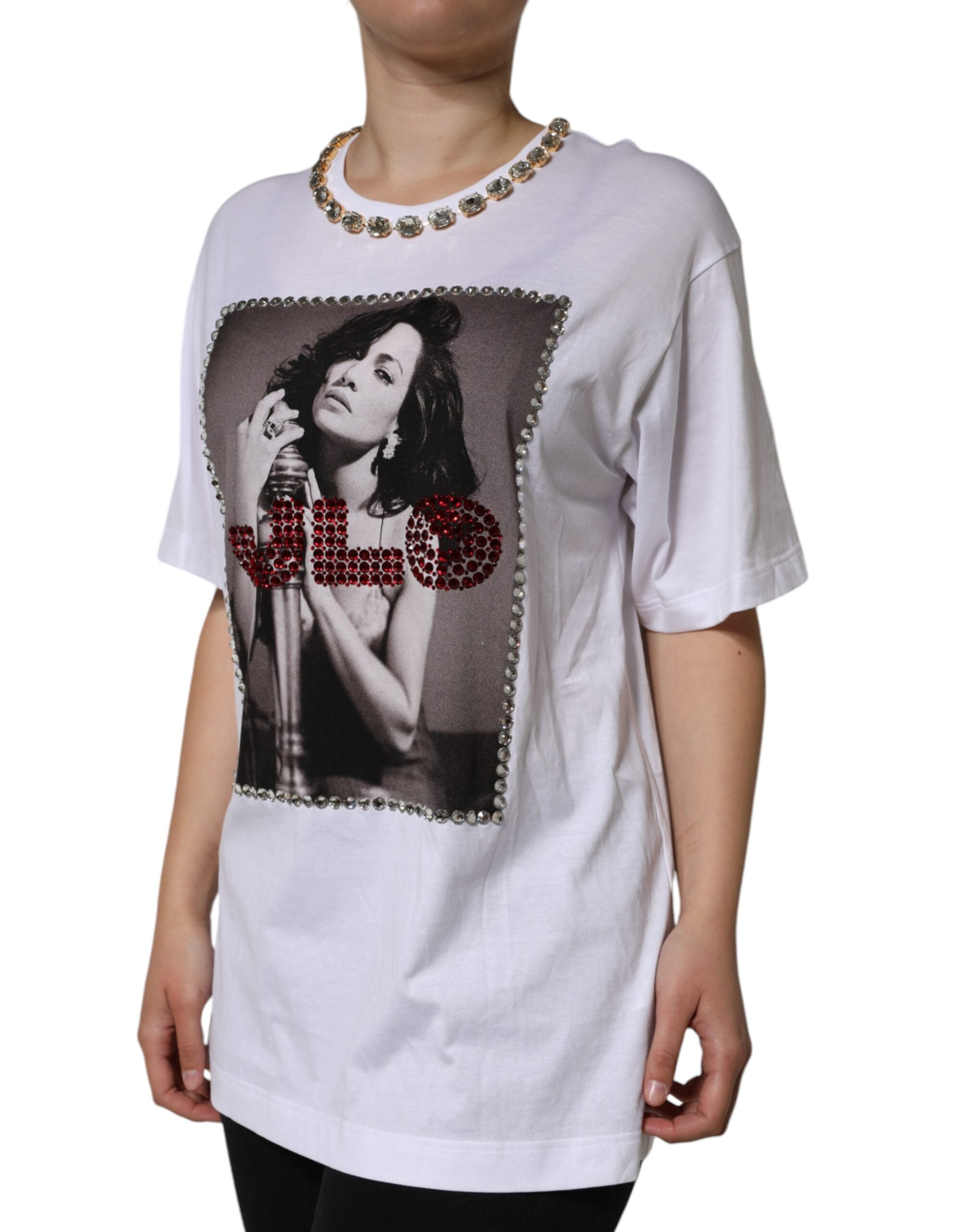 White Crystal Neckline Embellished Printed T-shirt - ventzia