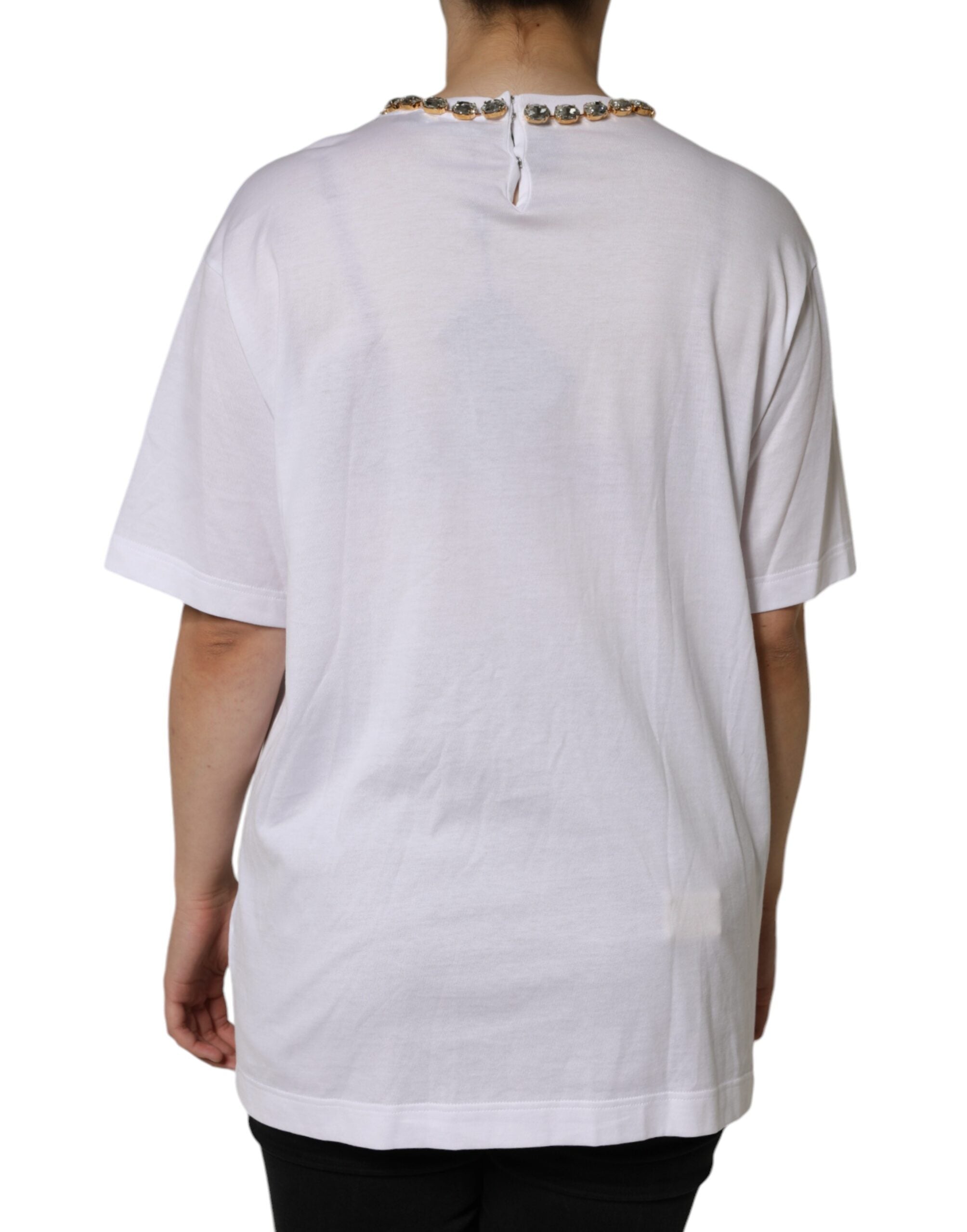 White Crystal Neckline Embellished Printed T-shirt - ventzia