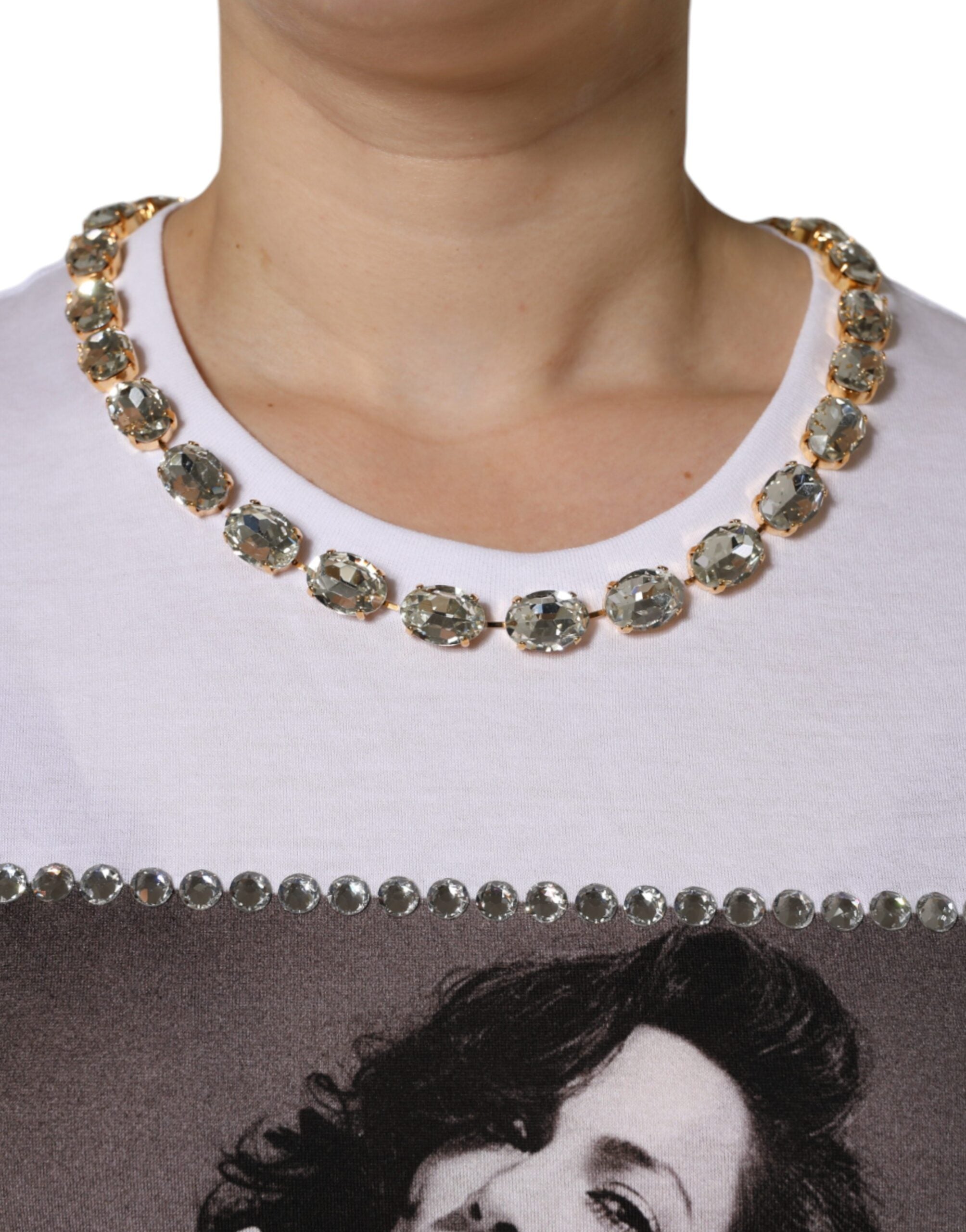 White Crystal Neckline Embellished Printed T-shirt - ventzia