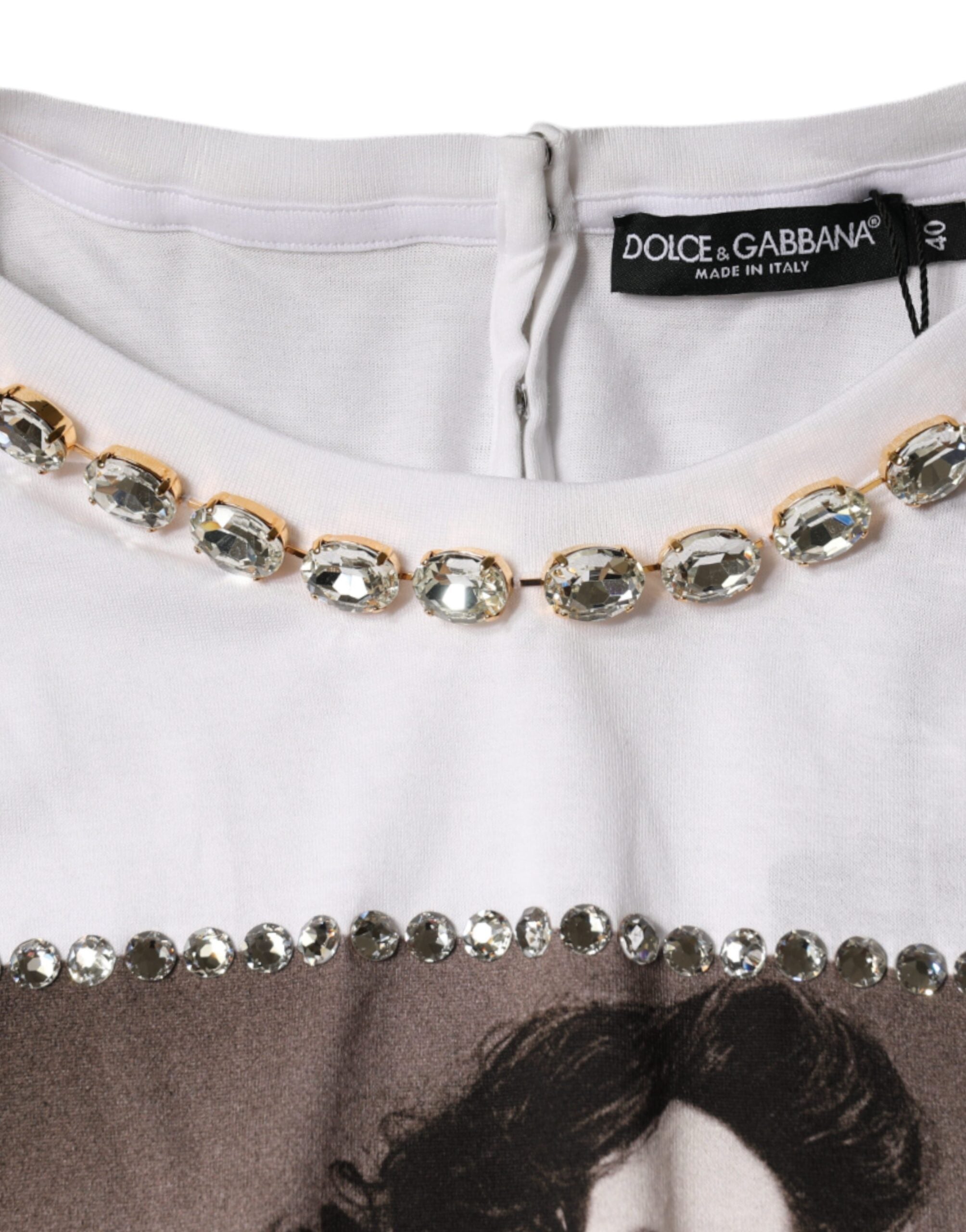 White Crystal Neckline Embellished Printed T-shirt - ventzia