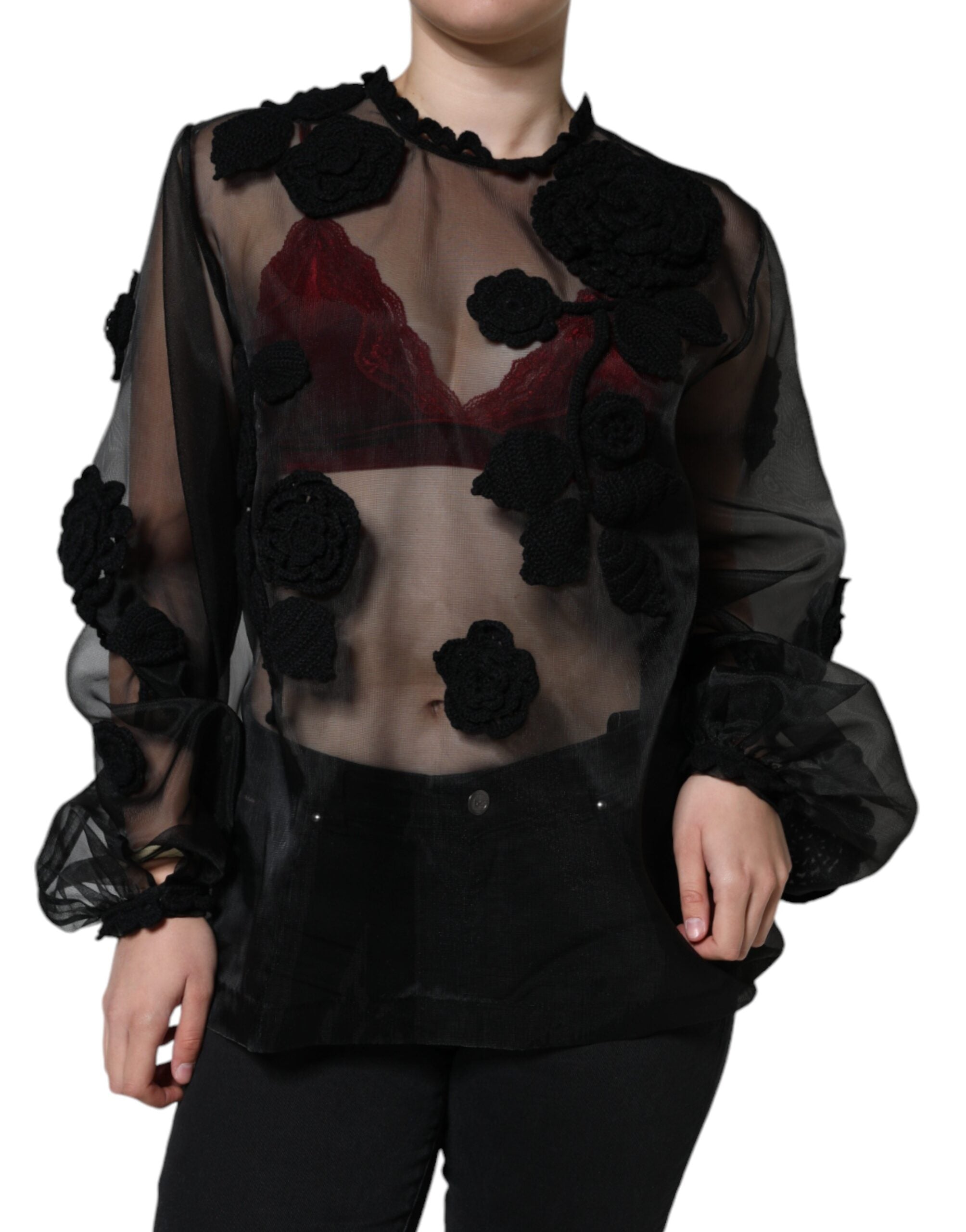 Black Nylon Mesh Transparent Floral Blouse - ventzia