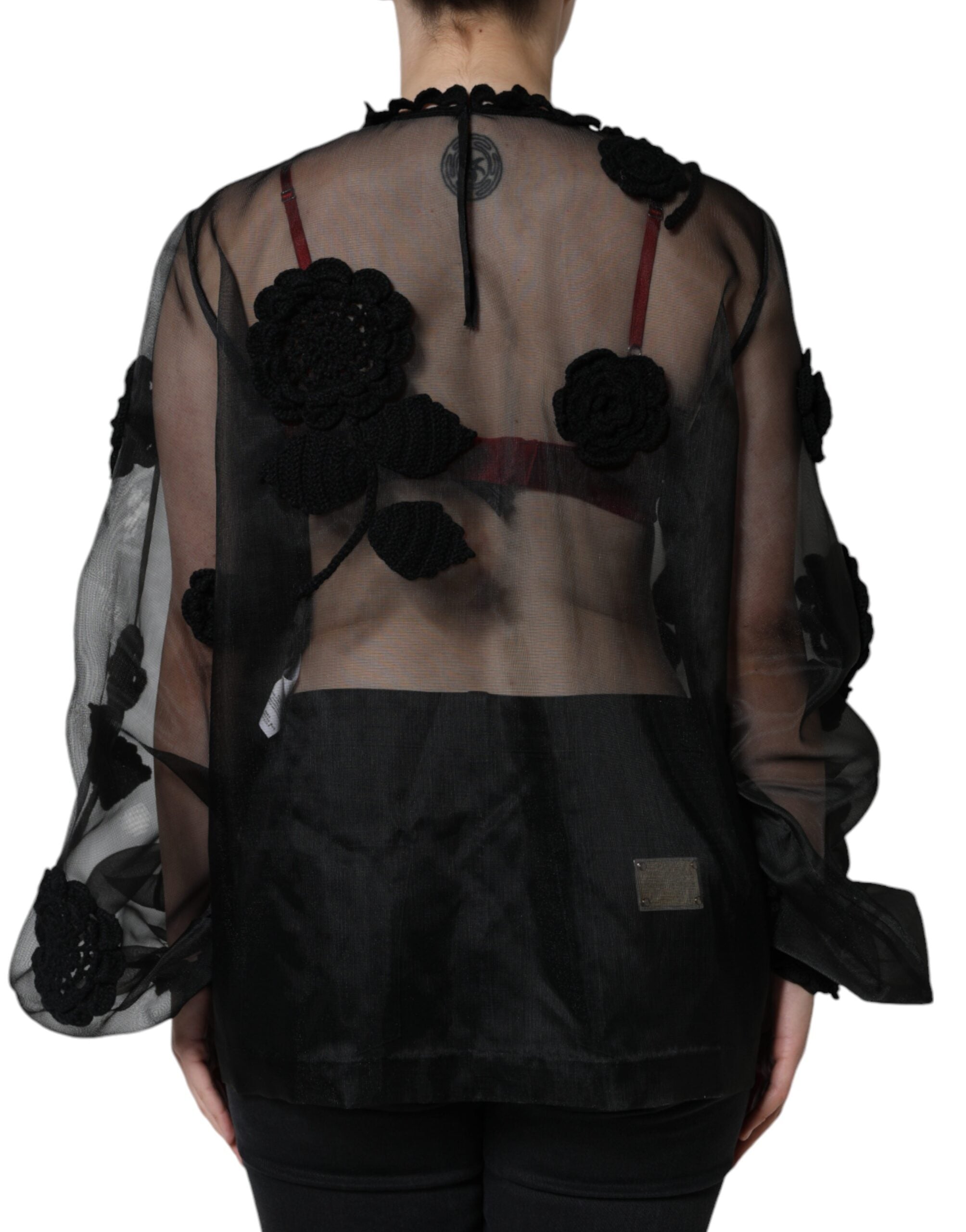 Black Nylon Mesh Transparent Floral Blouse - ventzia