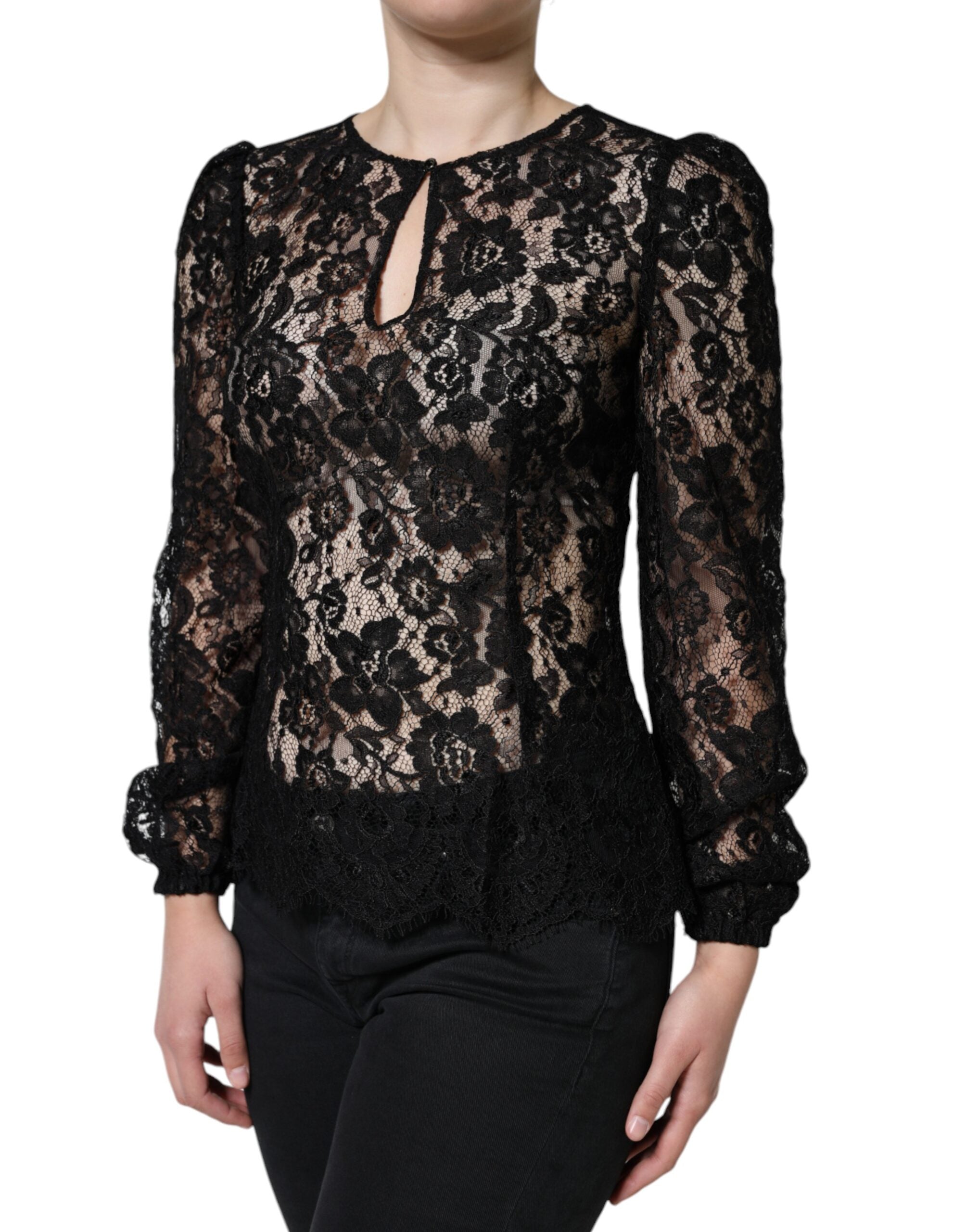 Black Floral Lace See Through Long Sleeve Top - ventzia