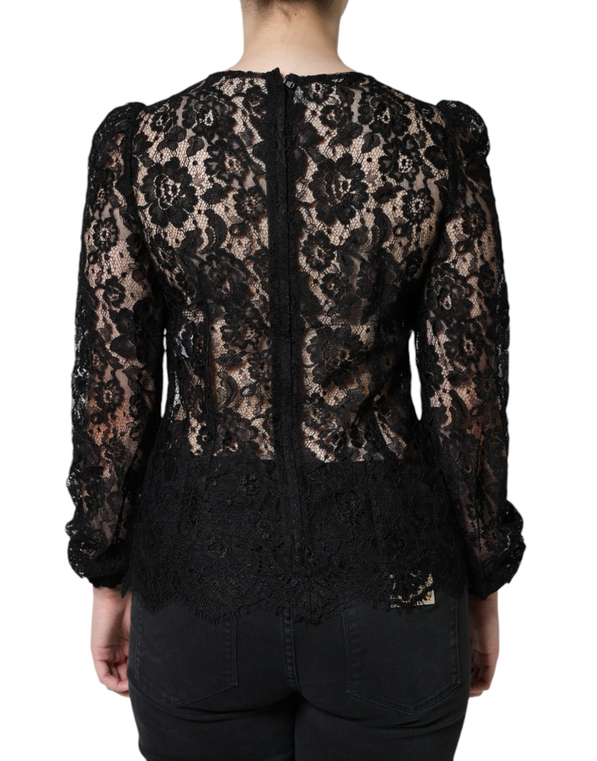 Black Floral Lace See Through Long Sleeve Top - ventzia