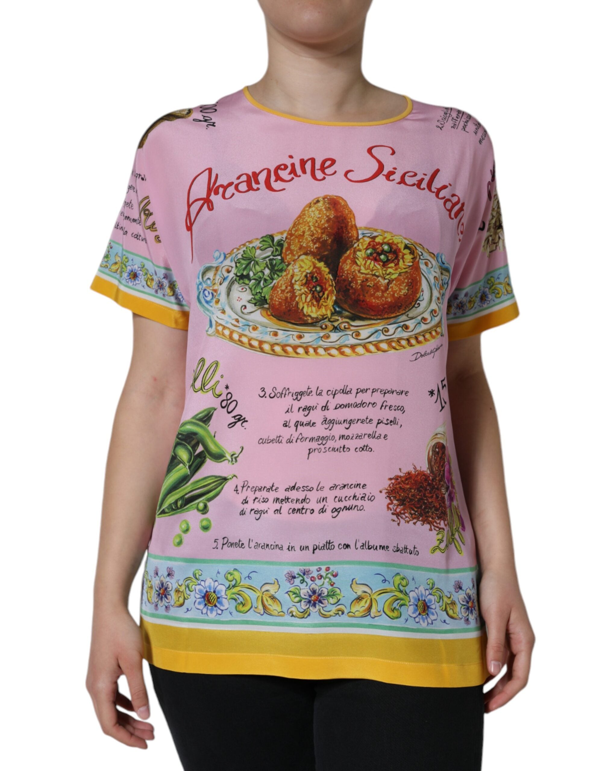 Pink Silk Araneine Siciliana Print Short Sleeves Top - ventzia