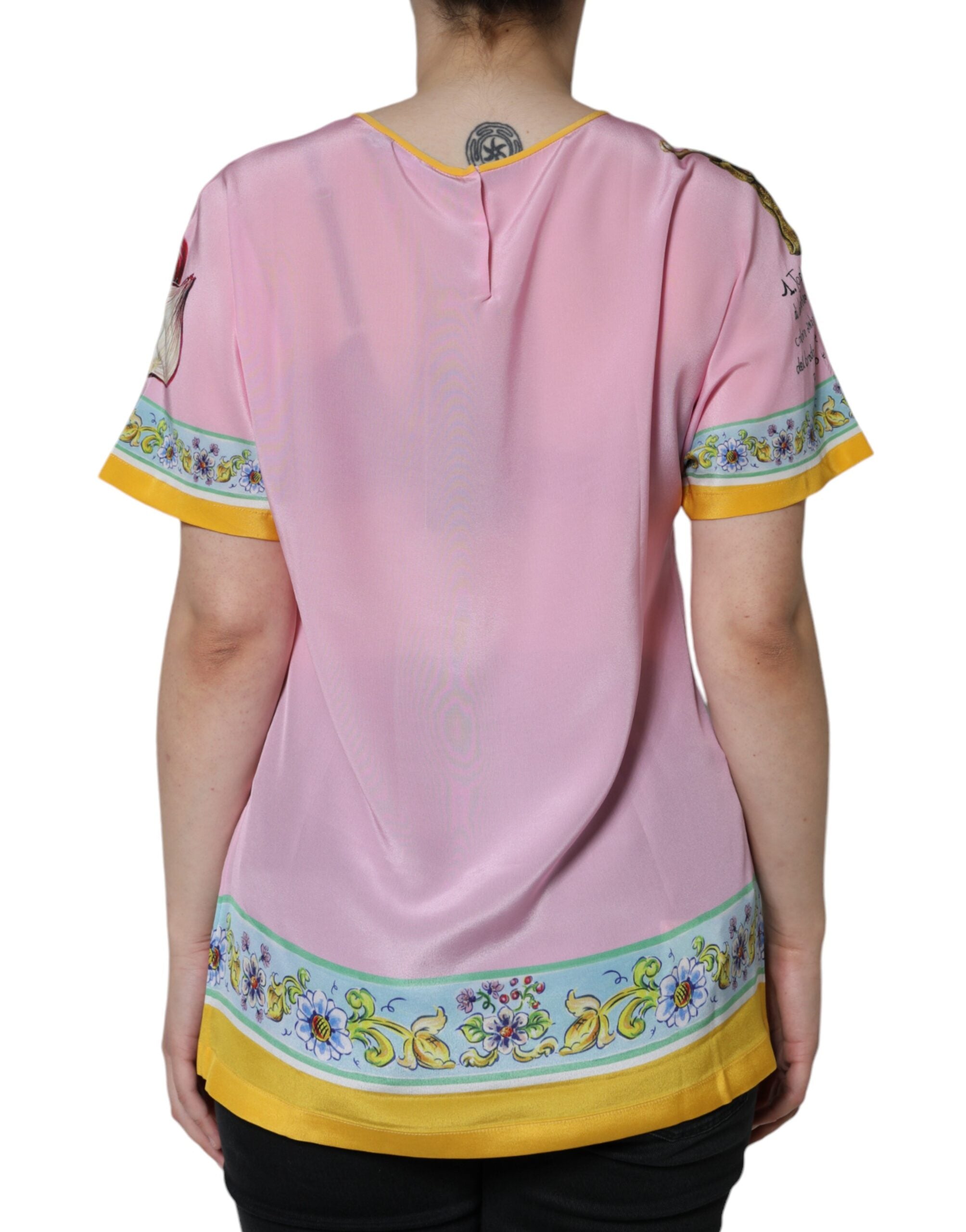 Pink Silk Araneine Siciliana Print Short Sleeves Top - ventzia