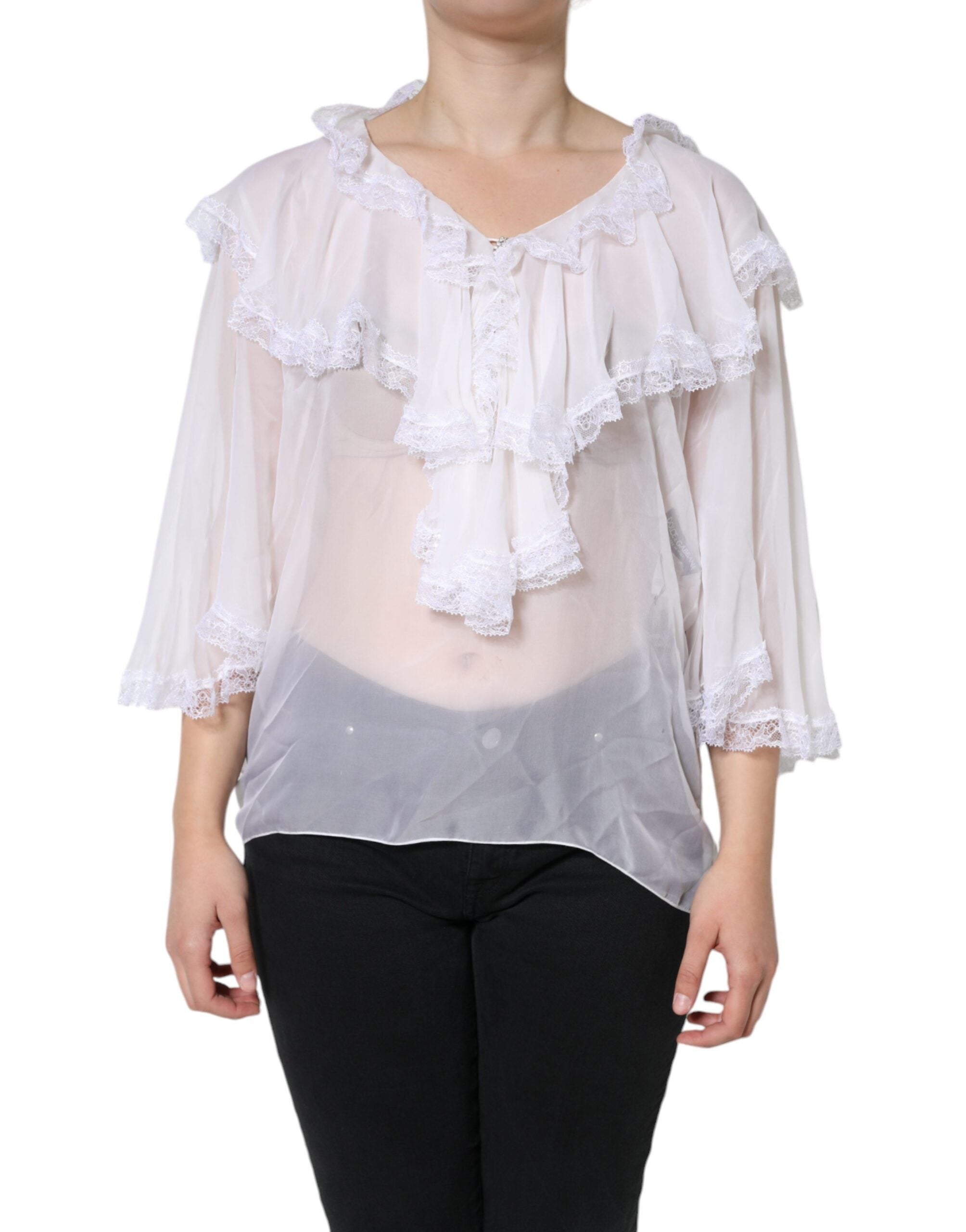White Ruffles Lace Long Sleeve Blouse Top - ventzia